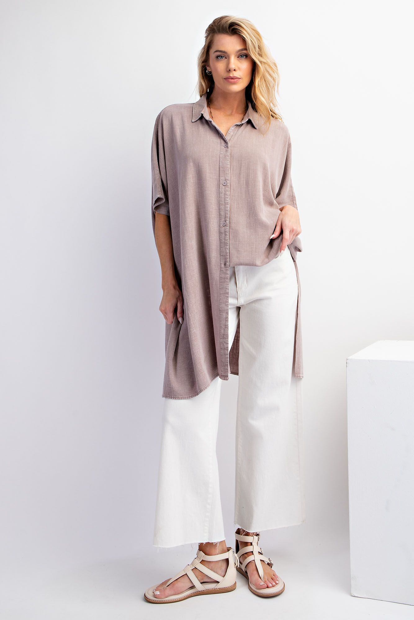 Easel Plus Mineral Washed Linen Button Down Shirt Tunic Tops
