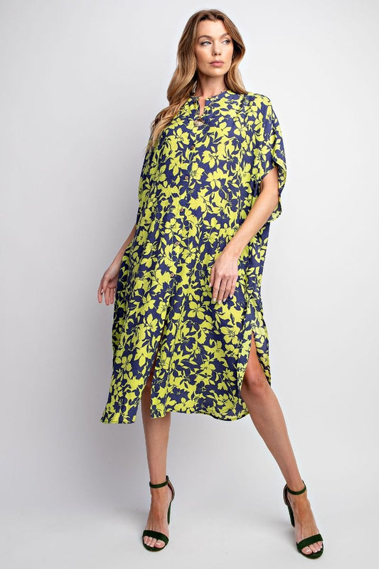 Easel Plus Peach Blossom Print Button Down Shirt Dress