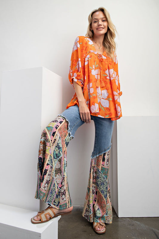 Easel Plus Floral Print Chiffon Blouse Tassel Tie V Neck Tops
