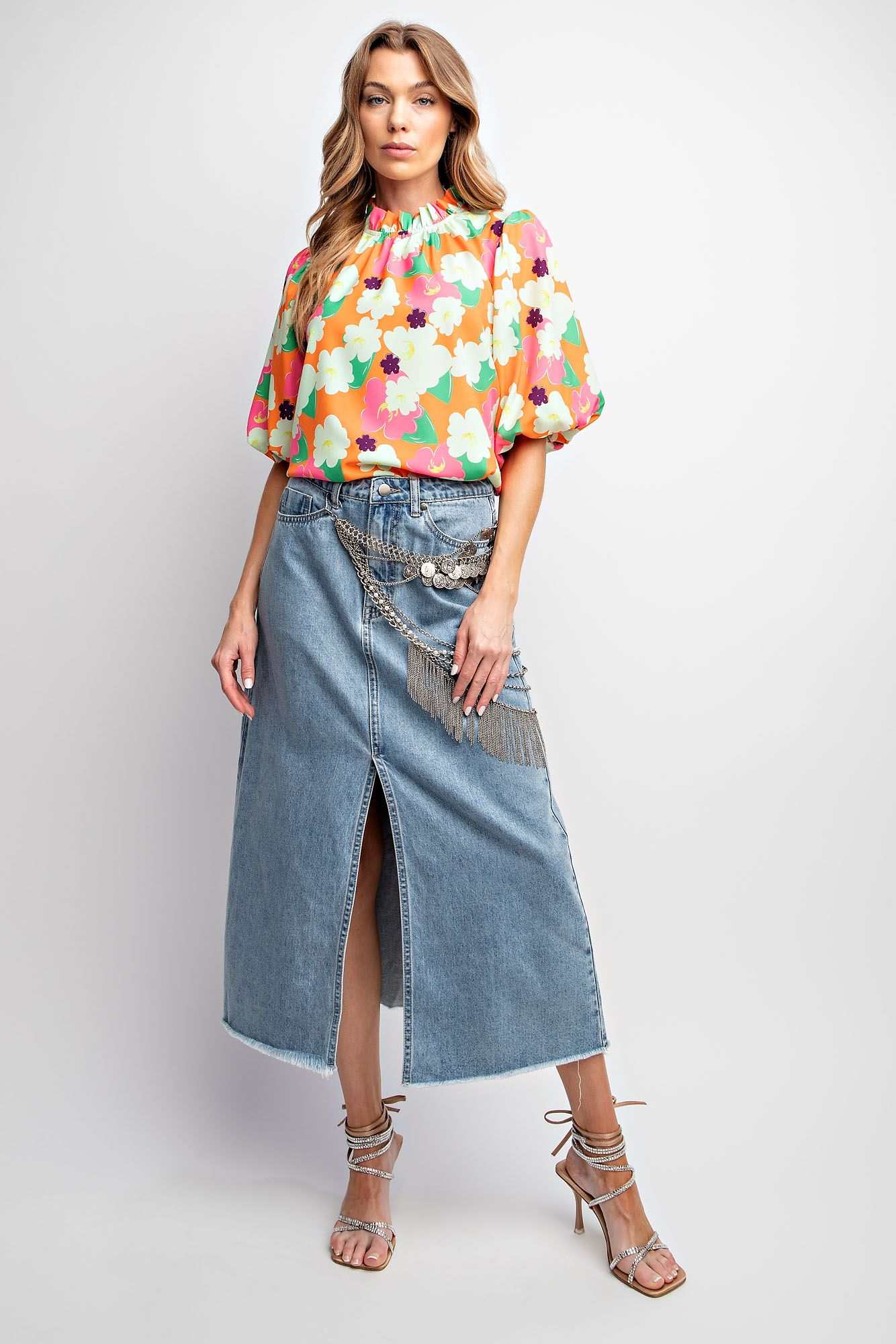 Easel Plus Floral Print Wool Peach Woven Tops