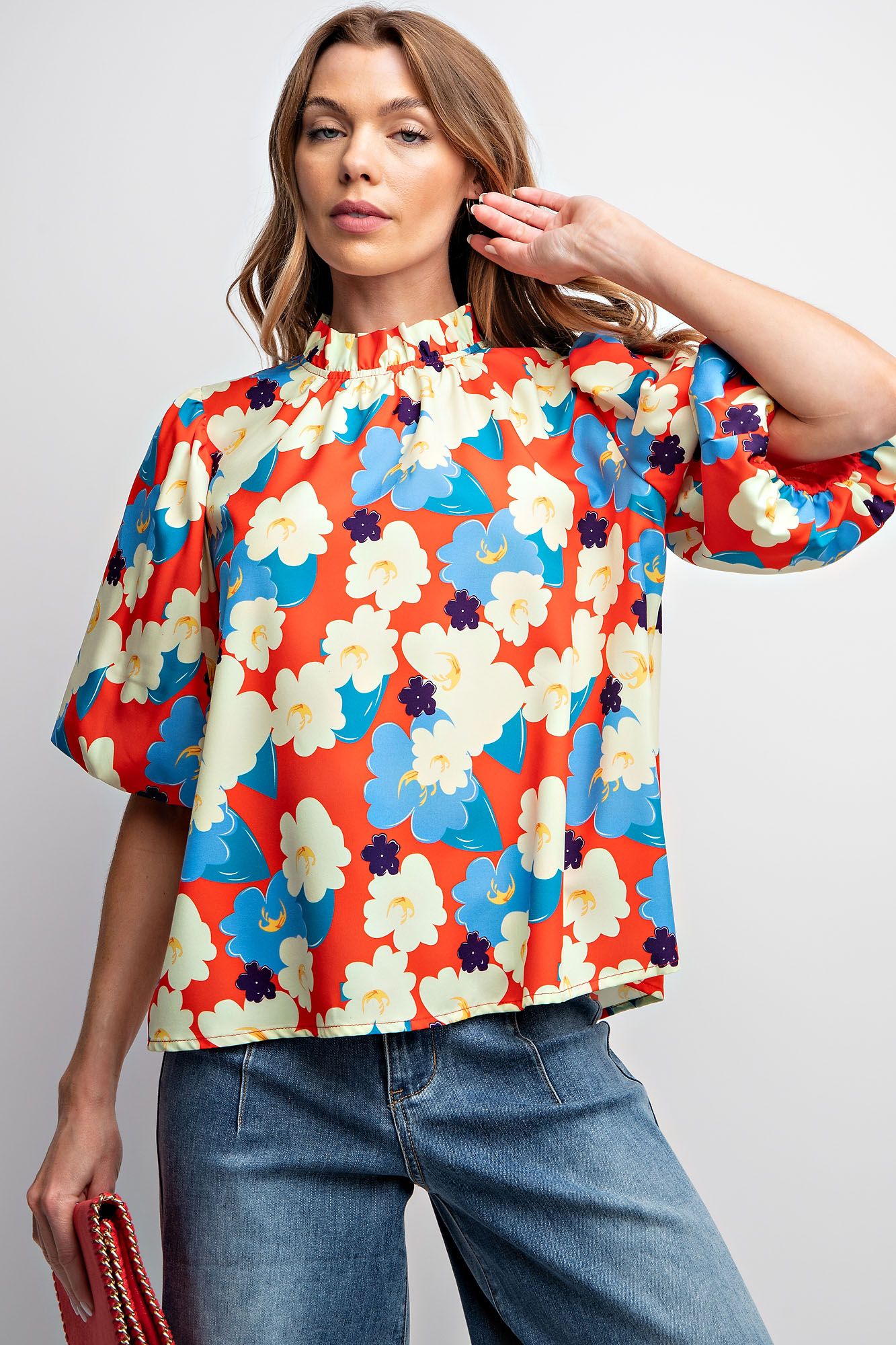 Easel Plus Floral Print Wool Peach Woven Tops