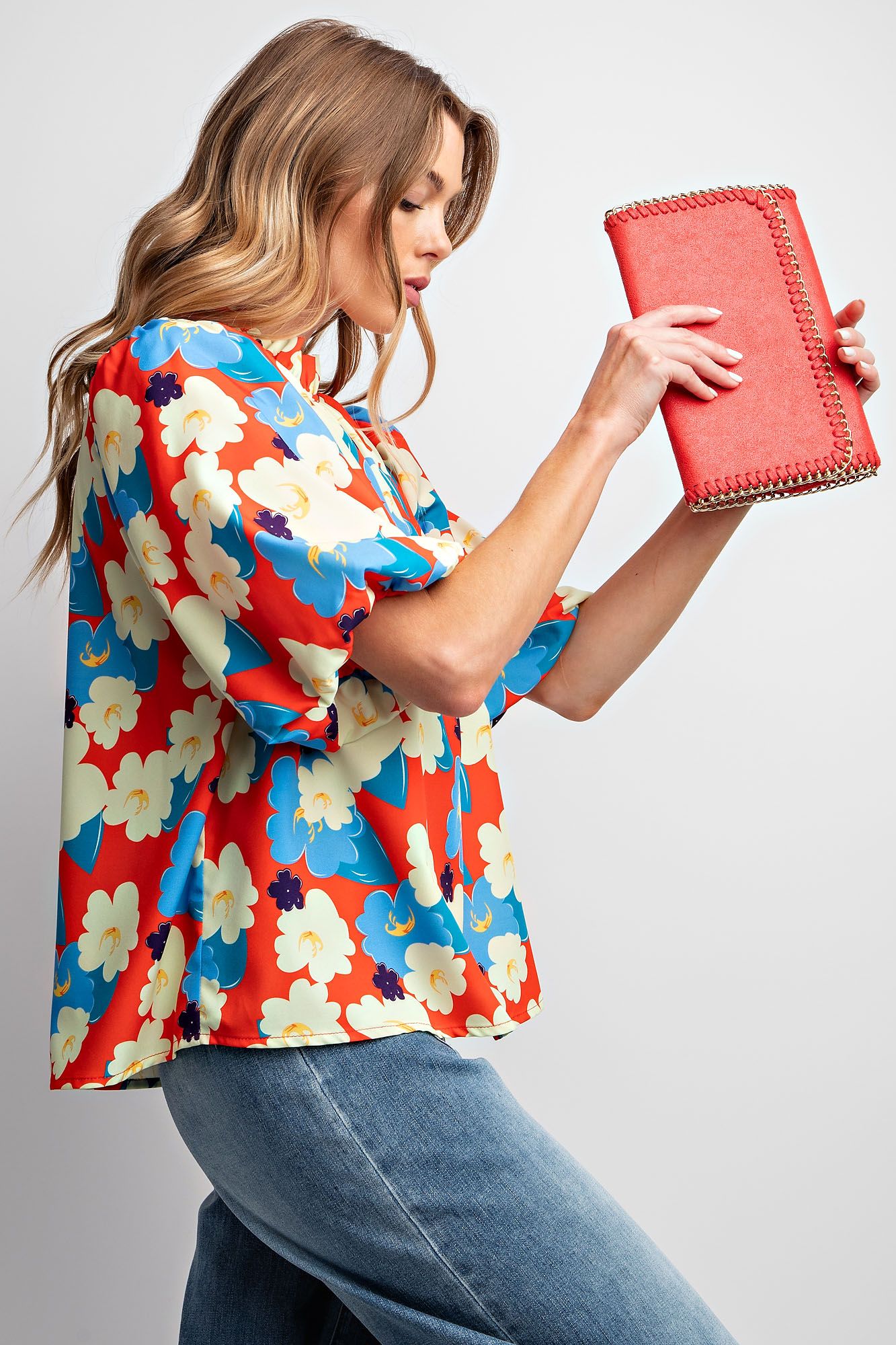 Easel Plus Floral Print Wool Peach Woven Tops