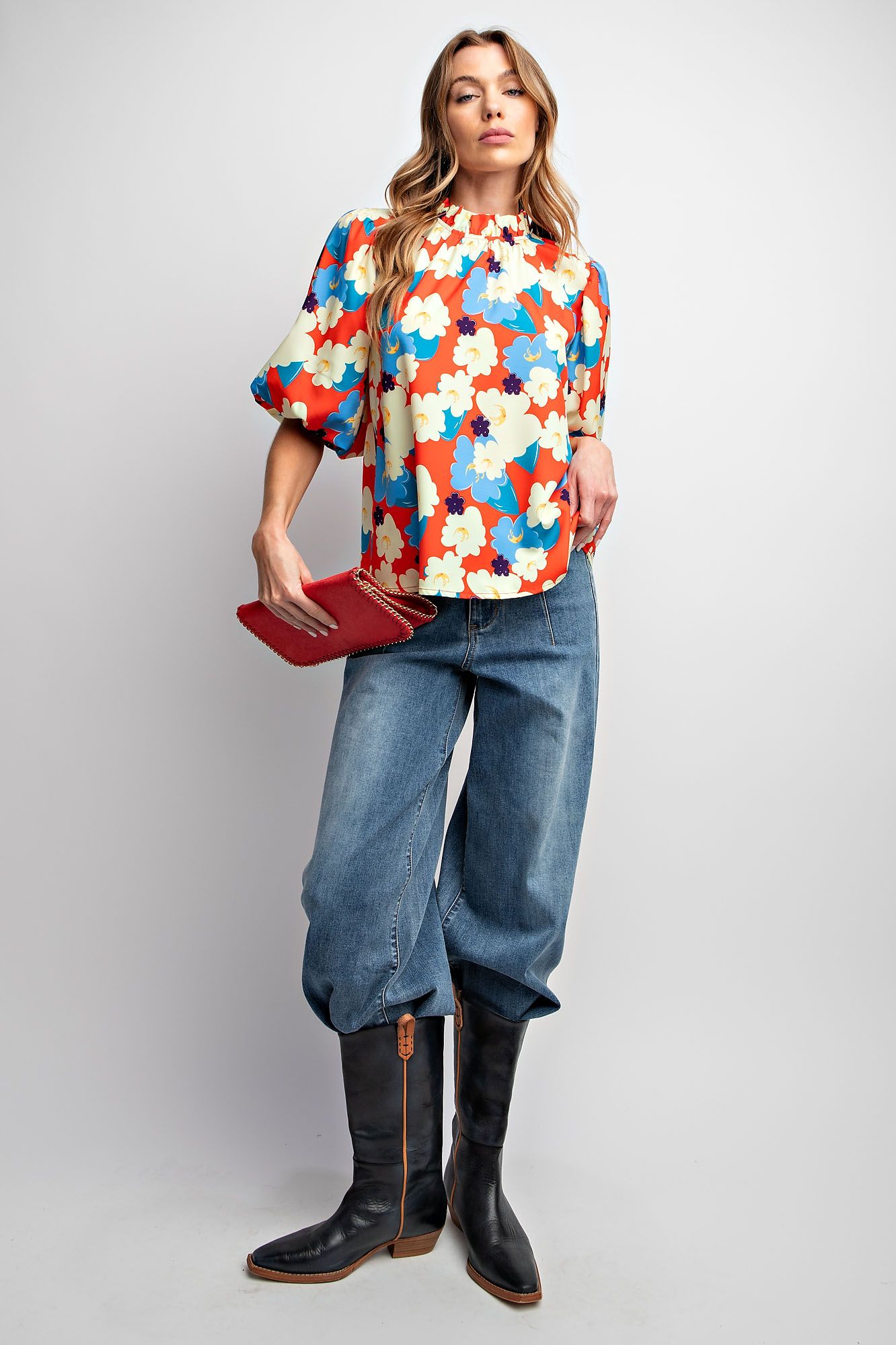 Easel Plus Floral Print Wool Peach Woven Tops