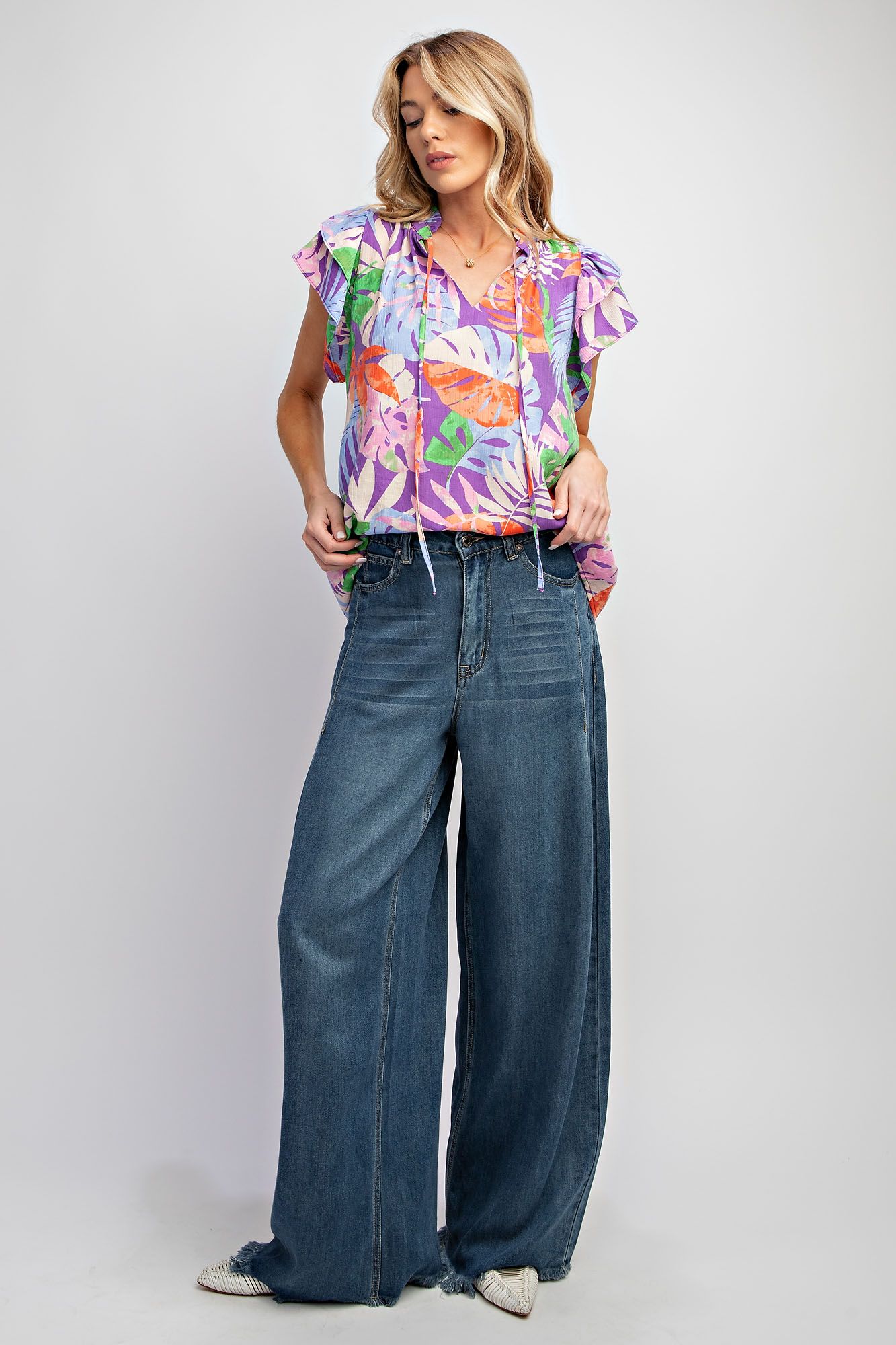 Easel Plus Floral Print Peach Blossom Notched Neck Tops