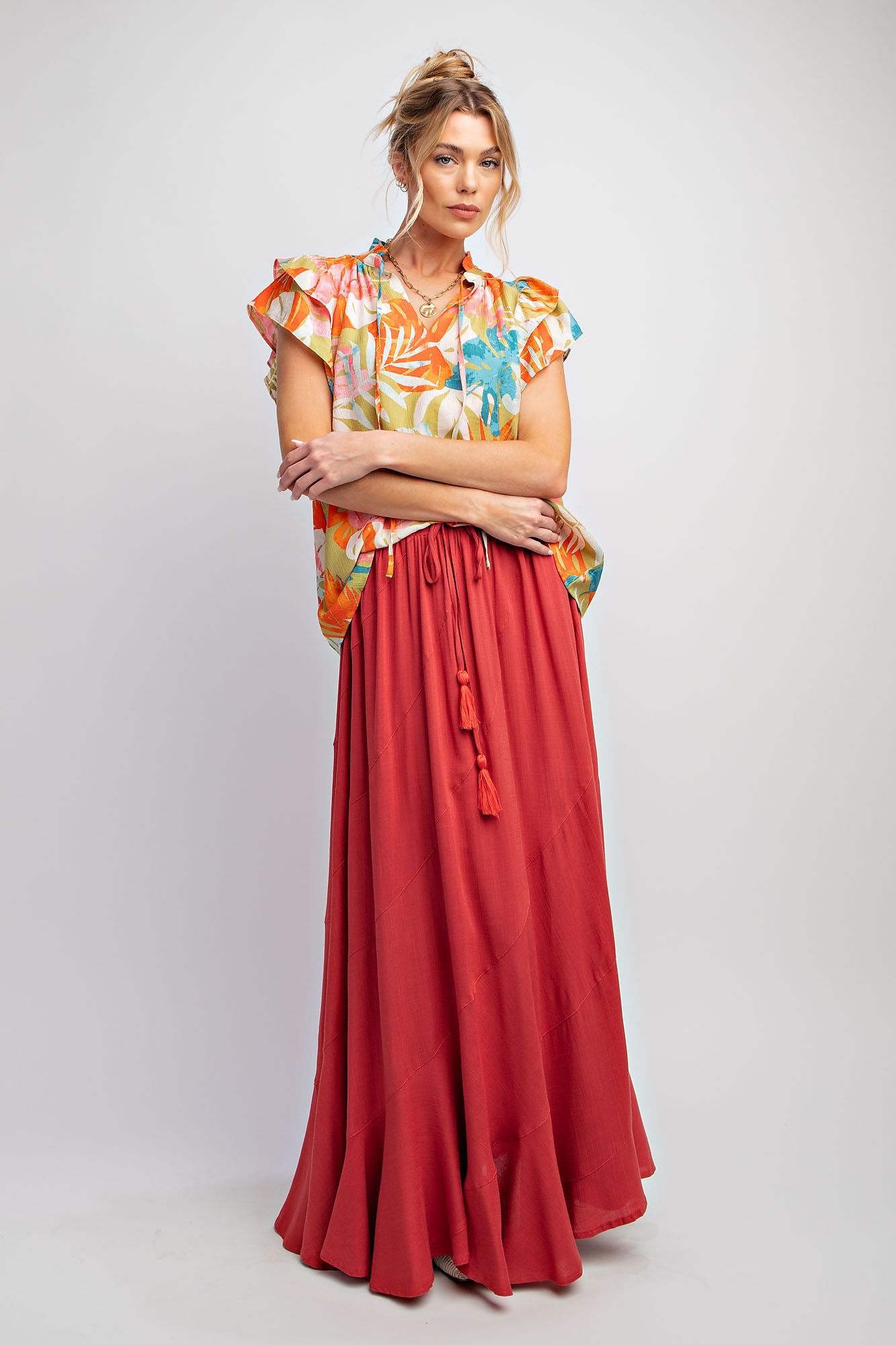 Easel Plus Floral Print Peach Blossom Notched Neck Tops