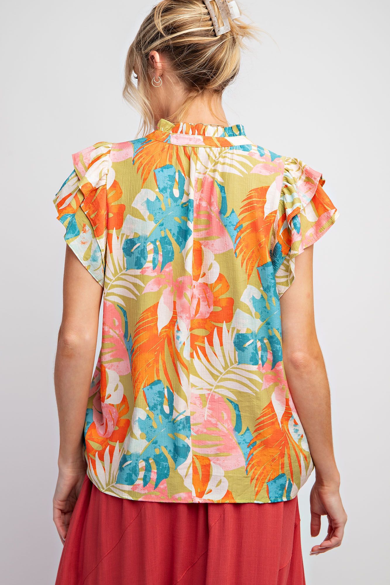 Easel Plus Floral Print Peach Blossom Notched Neck Tops
