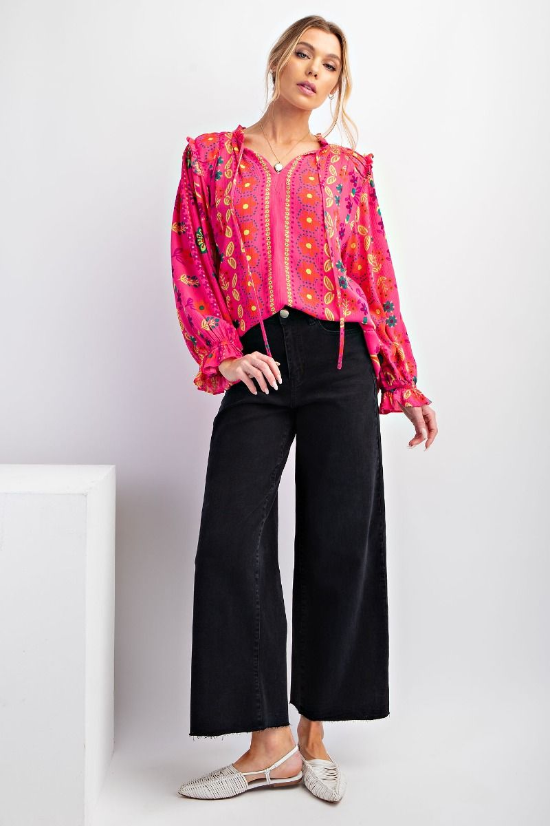 Easel Plus Printed Rayon Gauze Woven Blouse Tops