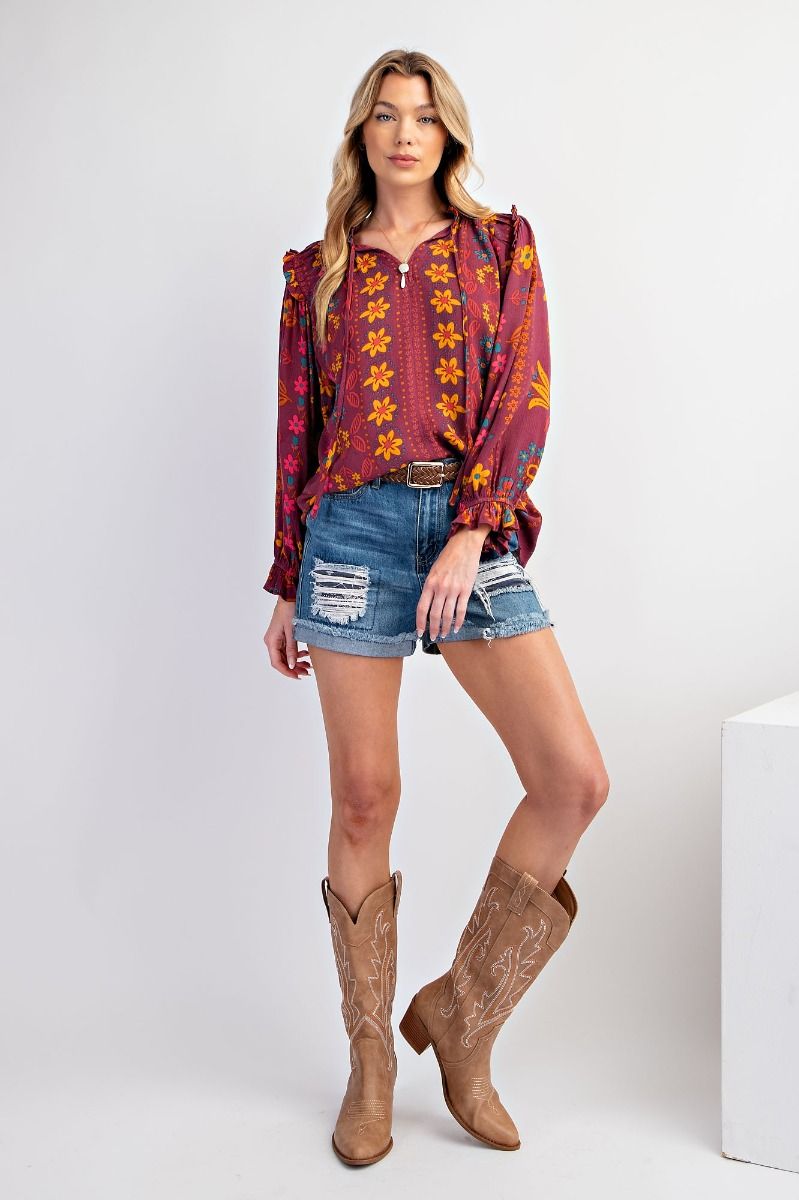 Easel Plus Printed Rayon Gauze Woven Blouse Tops