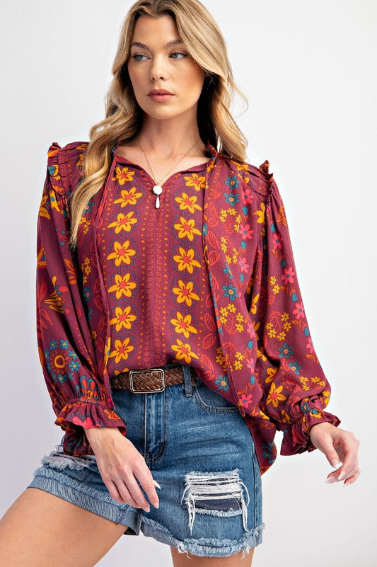 Easel Plus Printed Rayon Gauze Woven Blouse Tops