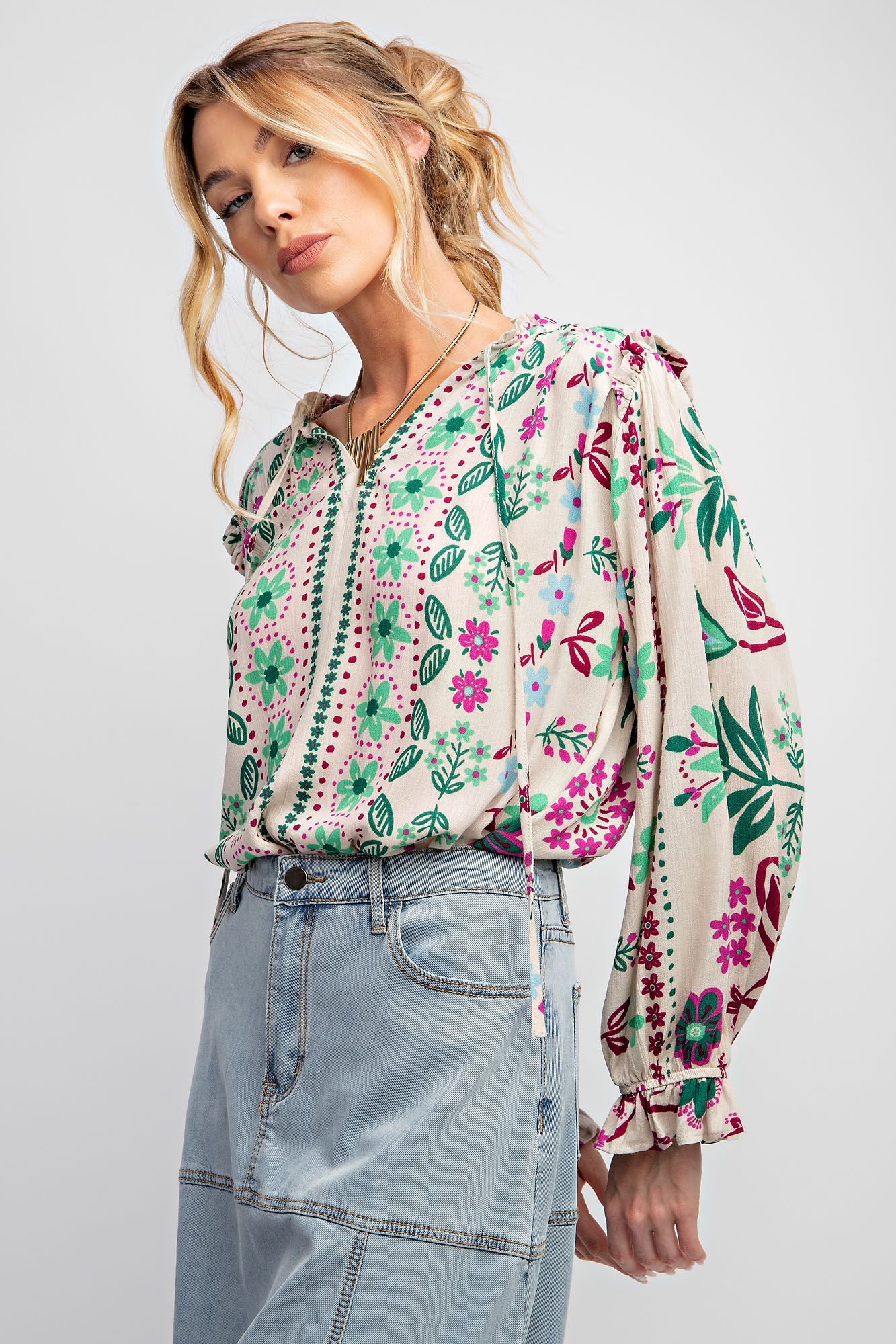 Easel Plus Printed Rayon Gauze Woven Blouse Tops