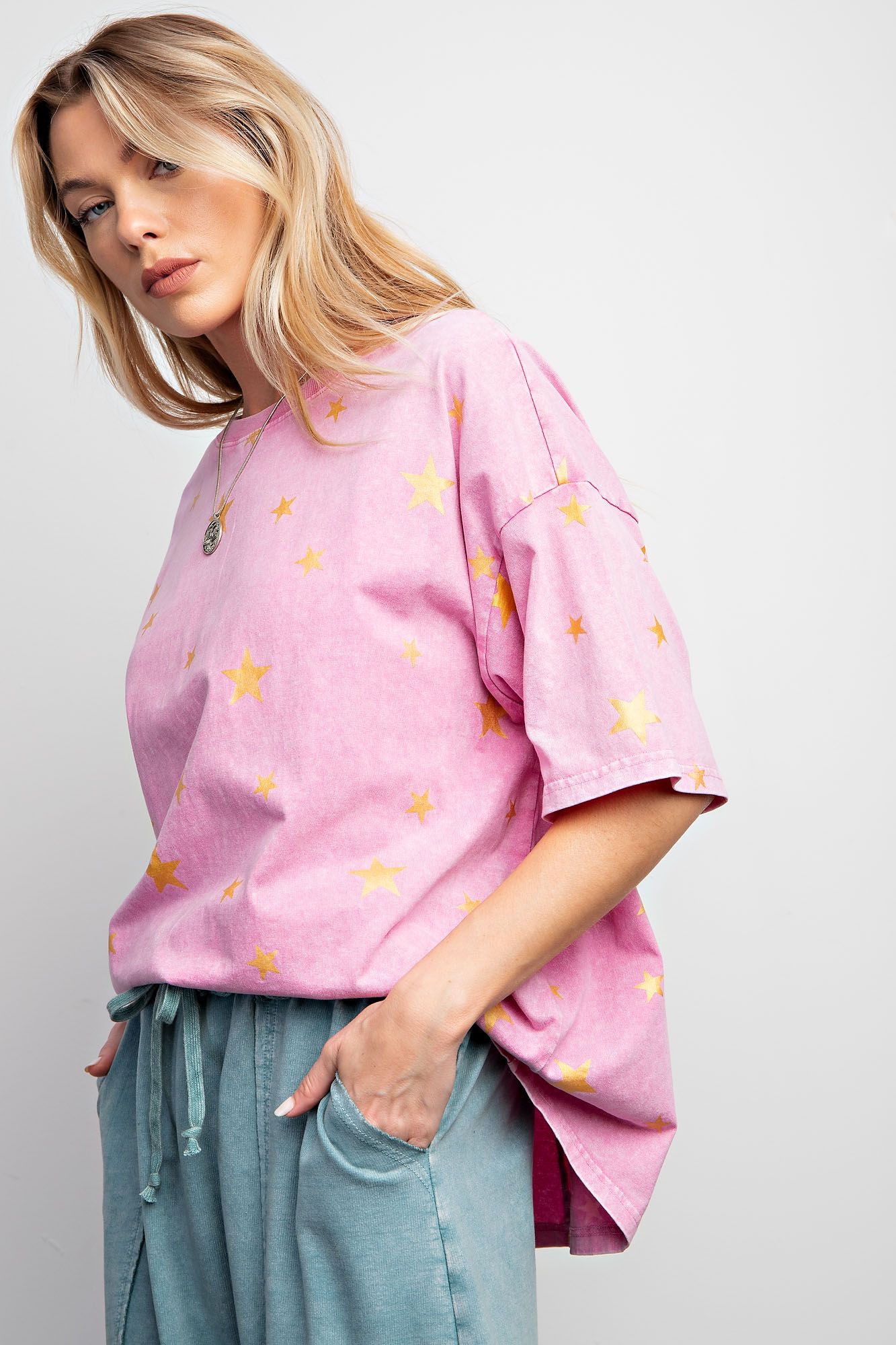 Easel Plus Gold Star Print Washed Cotton Knit Tops