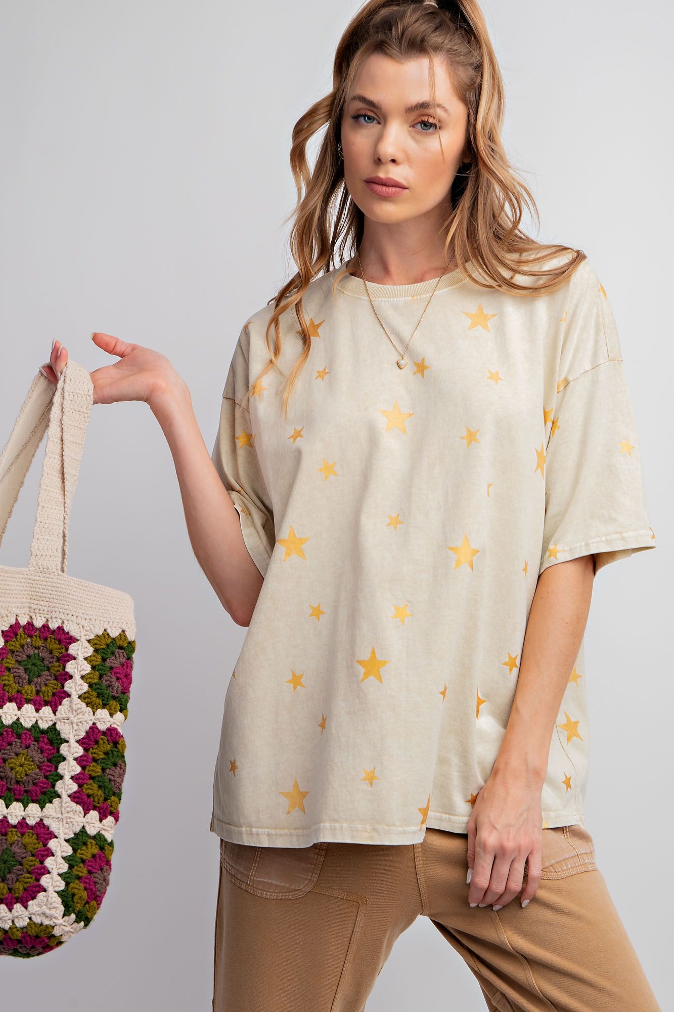 Easel Plus Gold Star Print Washed Cotton Knit Tops