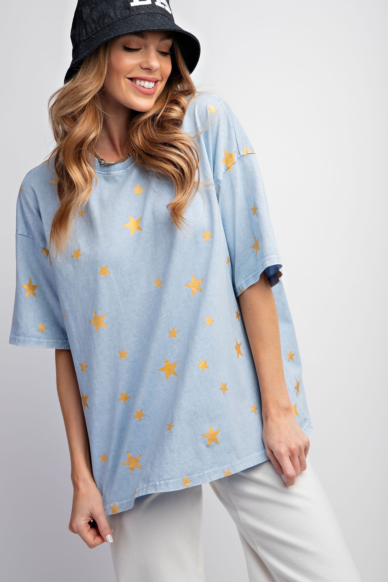 Easel Plus Gold Star Print Washed Cotton Knit Tops