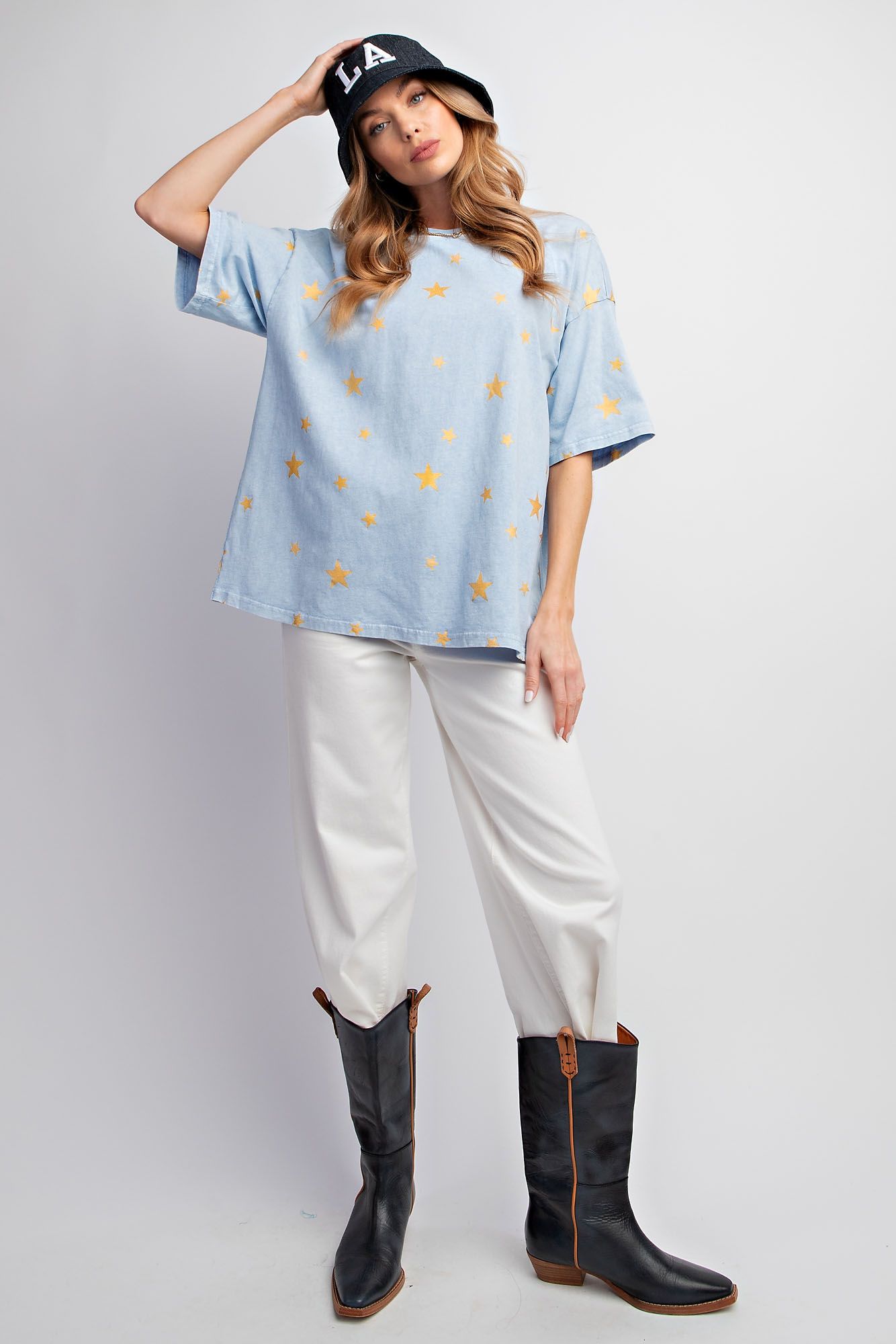 Easel Plus Gold Star Print Washed Cotton Knit Tops