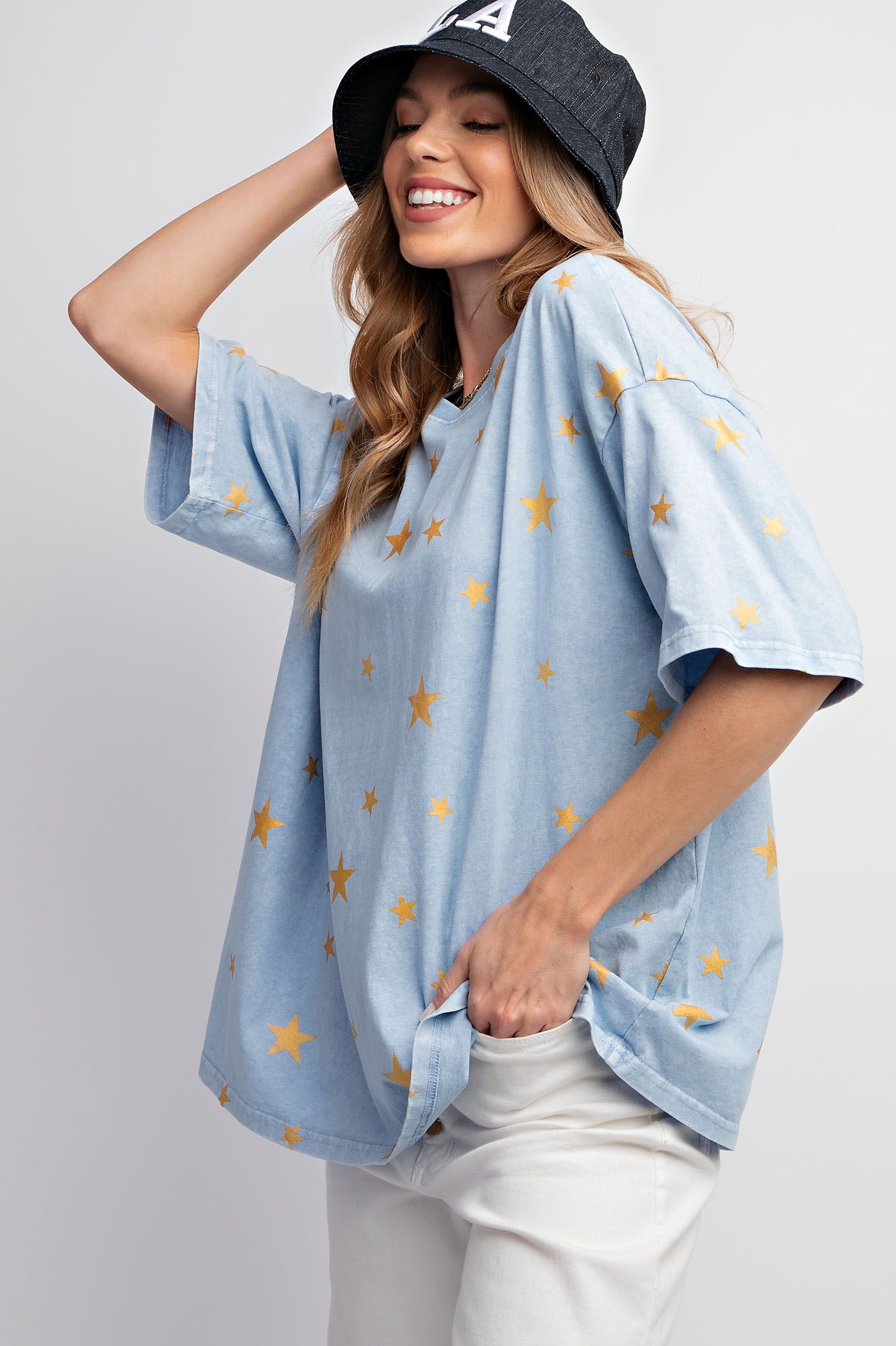 Easel Plus Gold Star Print Washed Cotton Knit Tops
