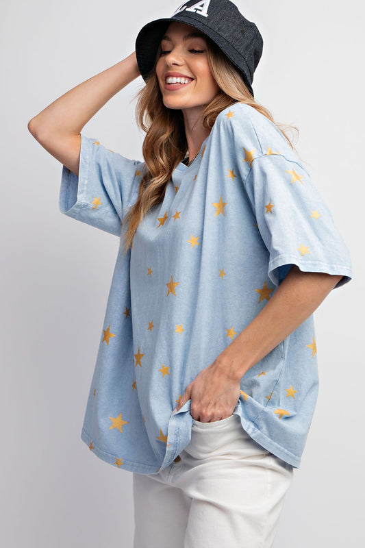 Easel Plus Gold Star Print Washed Cotton Knit Tops