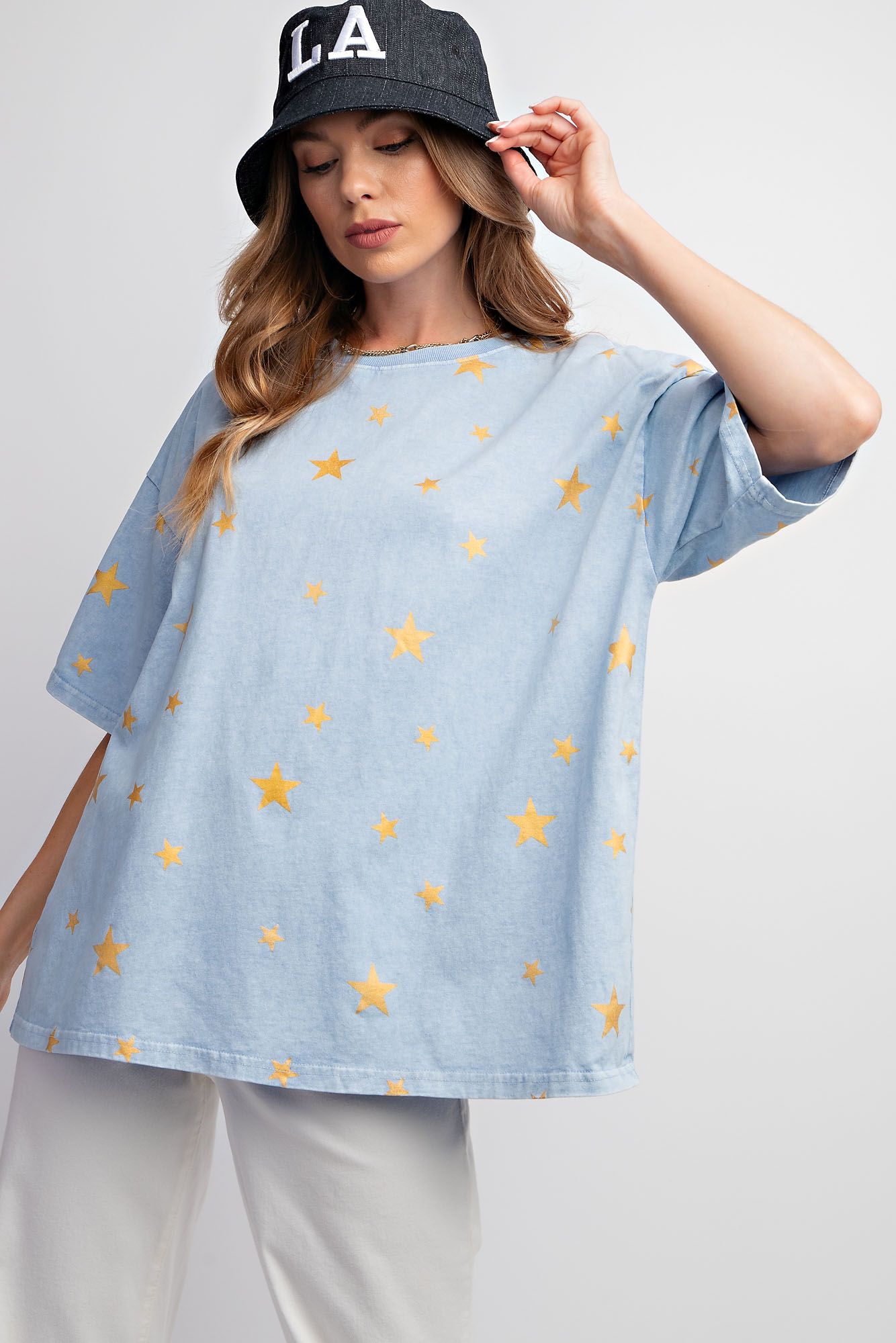 Easel Plus Gold Star Print Washed Cotton Knit Tops