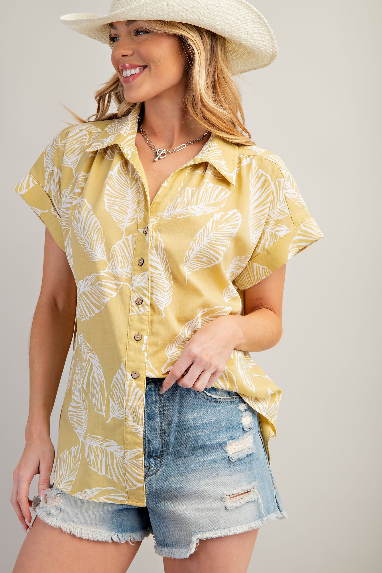 Easel Plus Leaf Print Cotton Voile Button Down Shirt Tops