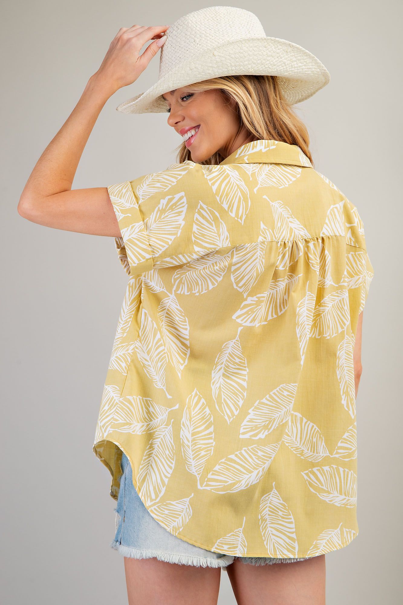 Easel Plus Leaf Print Cotton Voile Button Down Shirt Tops