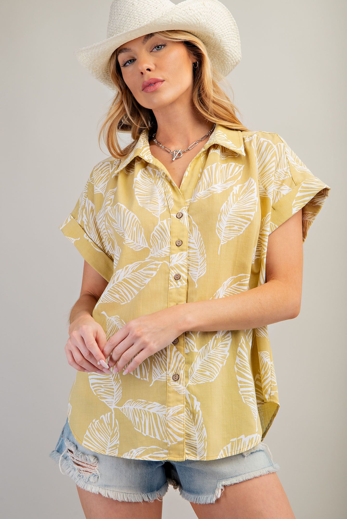 Easel Plus Leaf Print Cotton Voile Button Down Shirt Tops