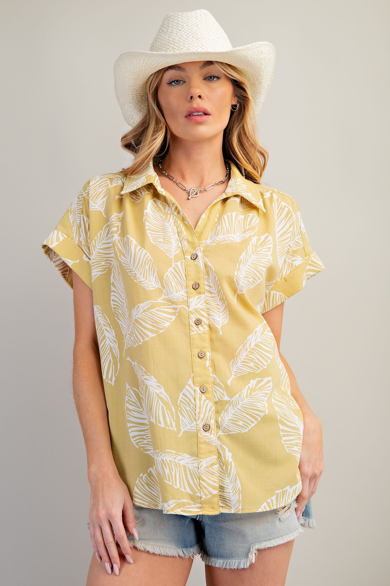 Easel Plus Leaf Print Cotton Voile Button Down Shirt Tops