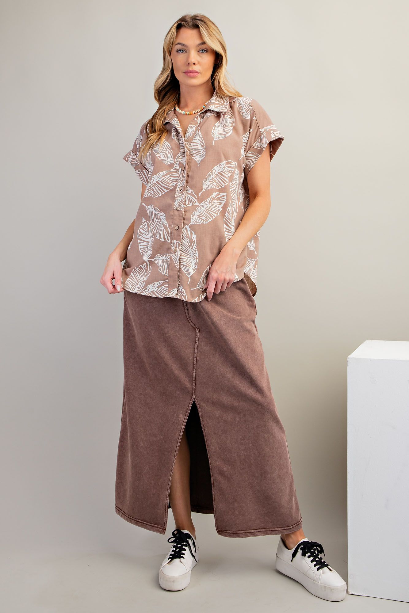 Easel Plus Leaf Print Cotton Voile Button Down Shirt Tops