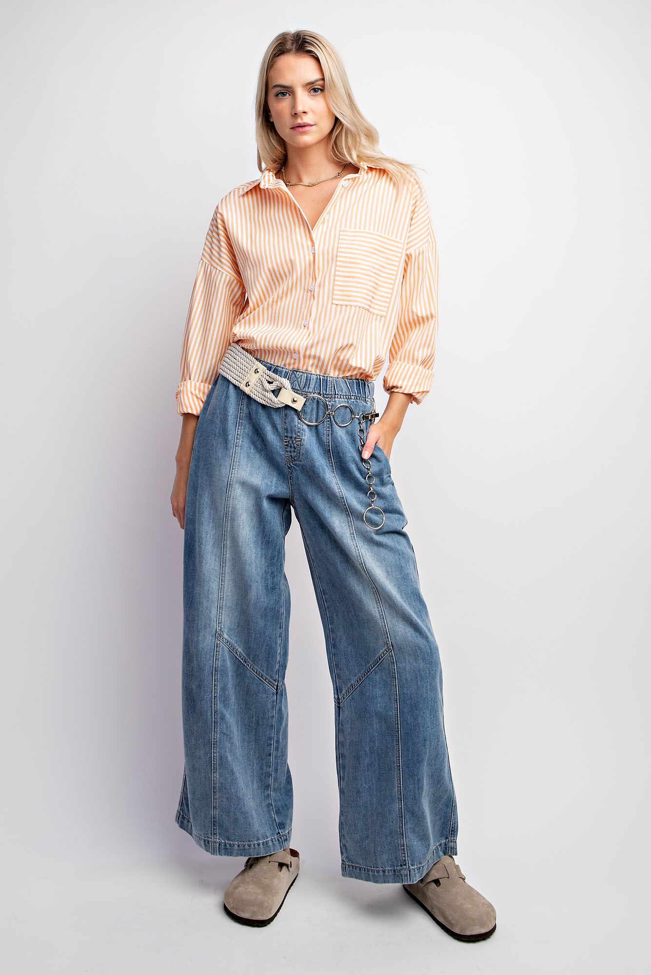 Easel Plus Stripe Poplin Button Down Shirt Tops