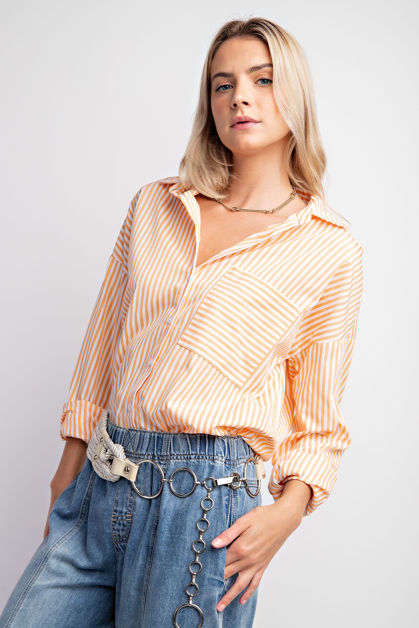 Easel Plus Stripe Poplin Button Down Shirt Tops