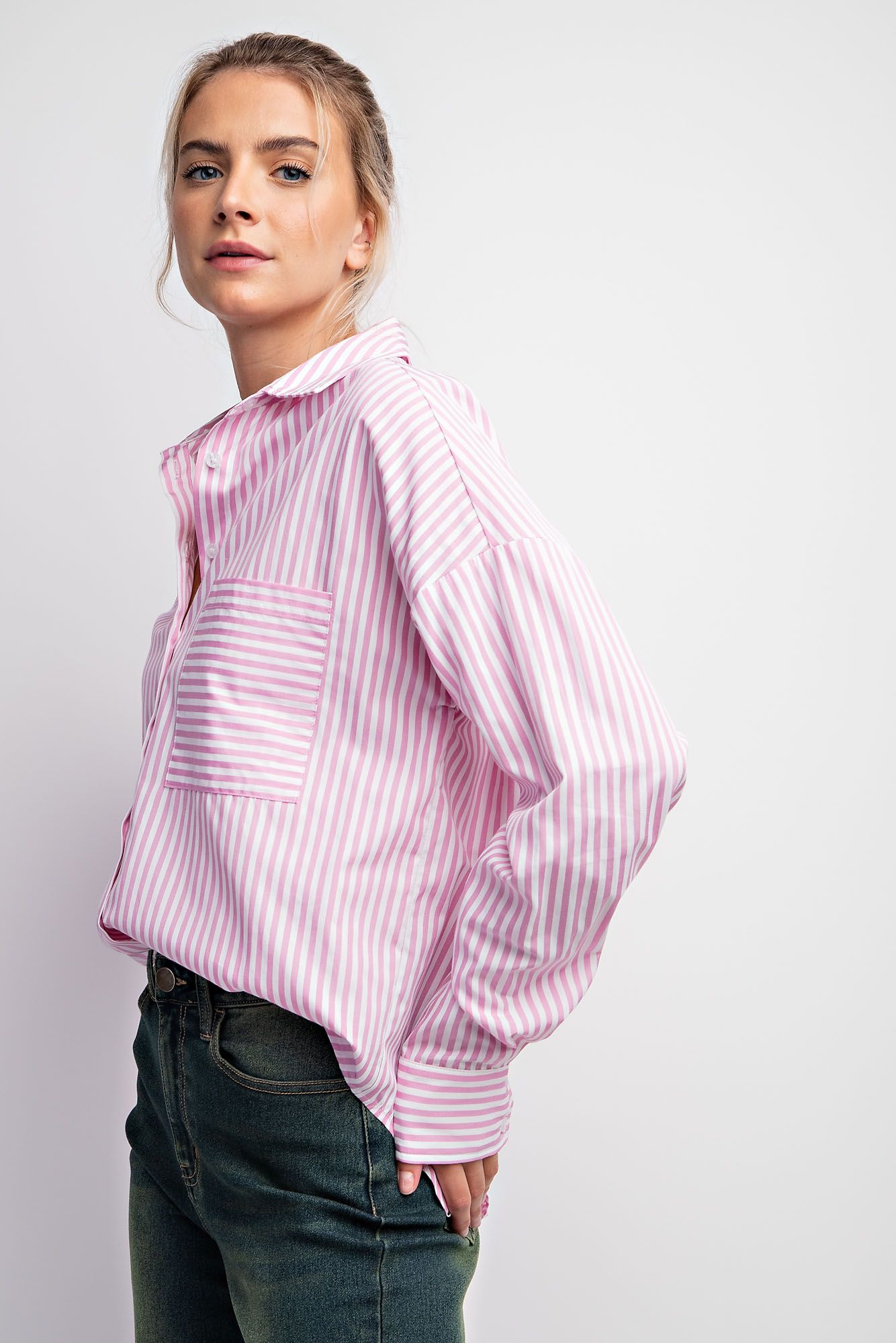 Easel Plus Stripe Poplin Button Down Shirt Tops