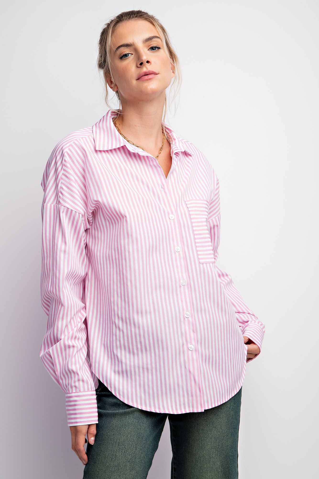 Easel Plus Stripe Poplin Button Down Shirt Tops