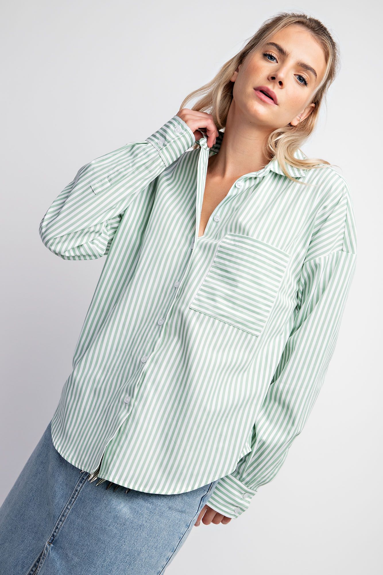 Easel Plus Stripe Poplin Button Down Shirt Tops