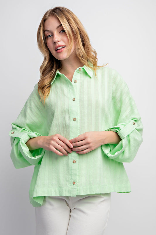 Easel Plus Roll Up Sleeves Textured Voile Button Down Tops
