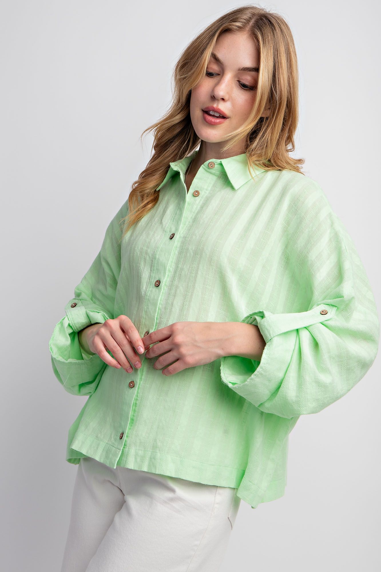 Easel Plus Roll Up Sleeves Textured Voile Button Down Tops