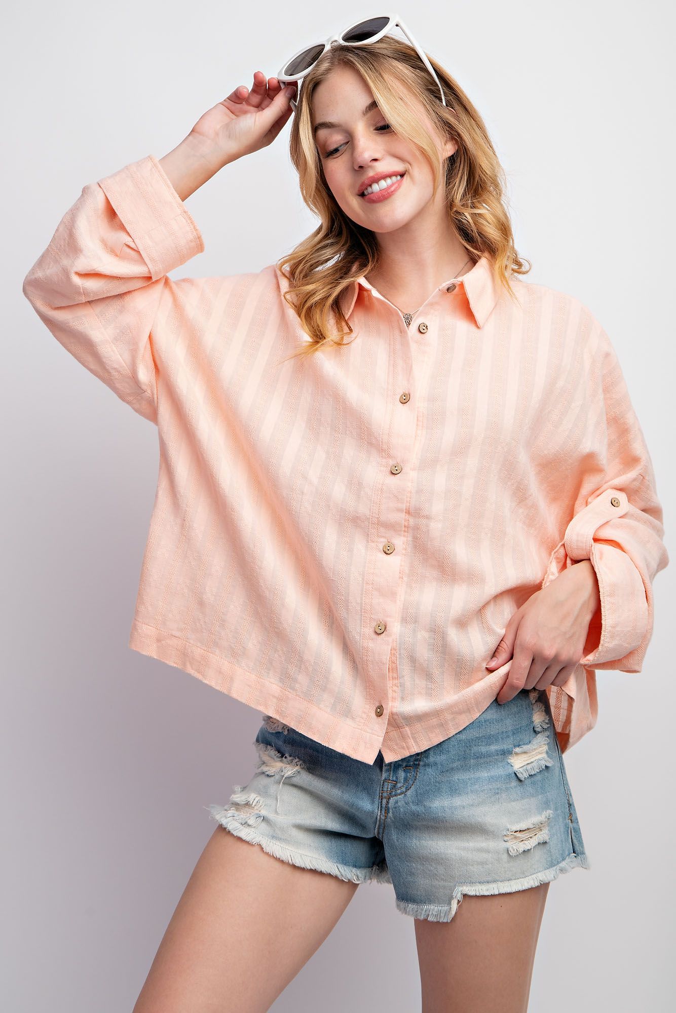 Easel Plus Roll Up Sleeves Textured Voile Button Down Tops