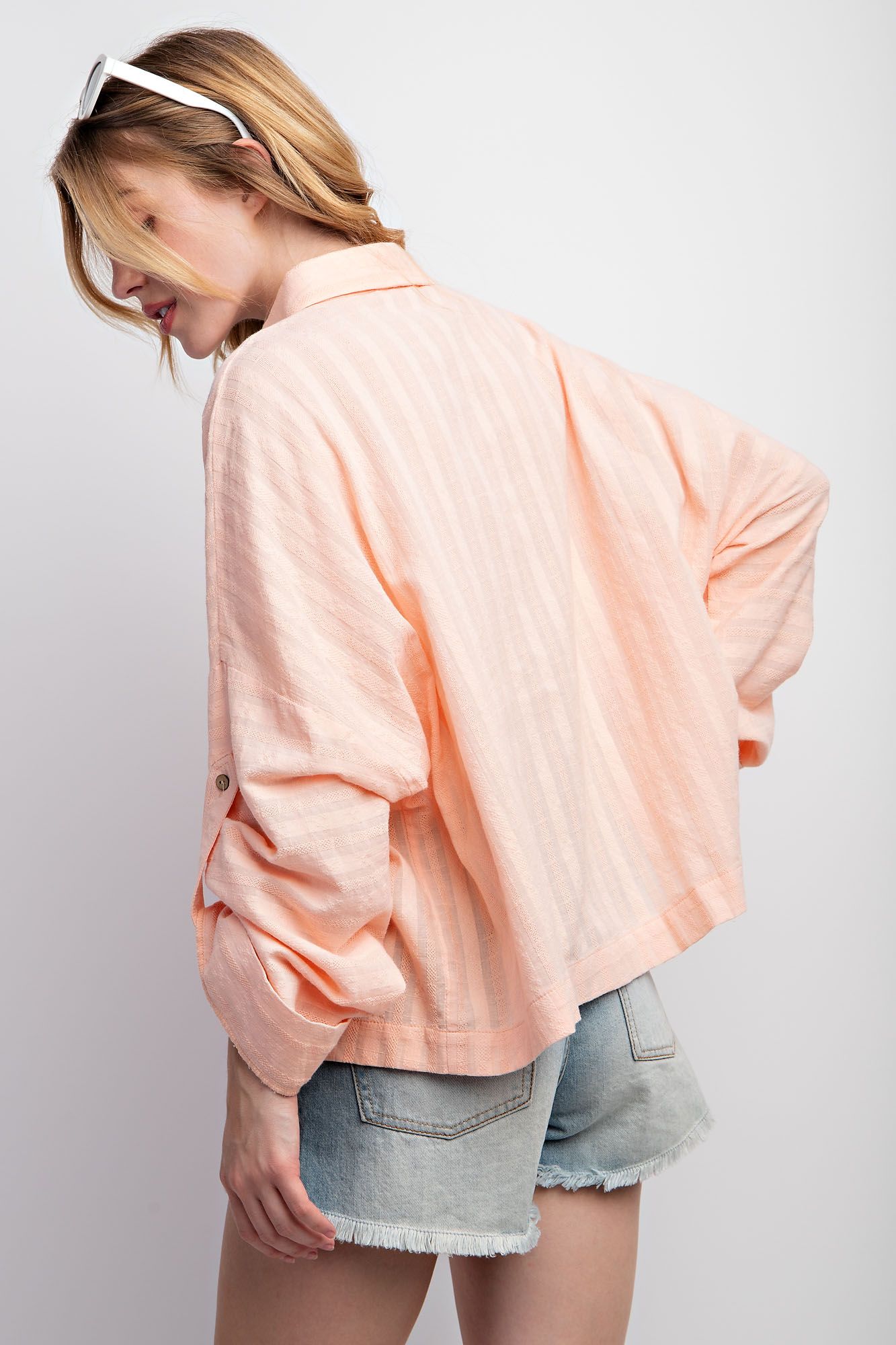 Easel Plus Roll Up Sleeves Textured Voile Button Down Tops