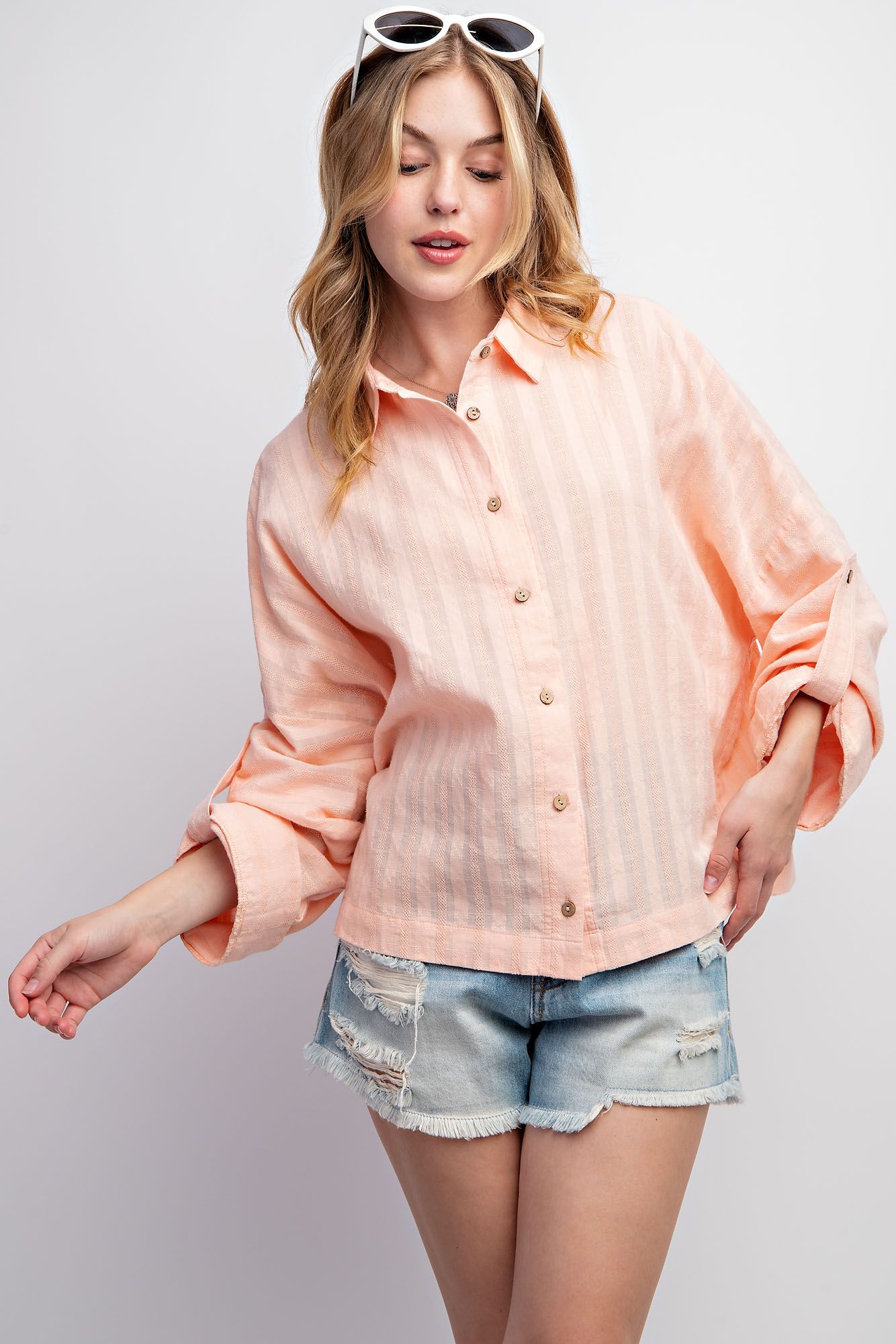 Easel Plus Roll Up Sleeves Textured Voile Button Down Tops