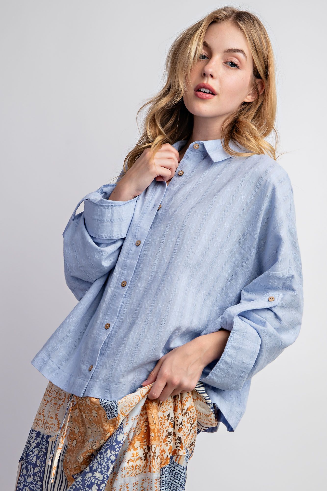 Easel Plus Roll Up Sleeves Textured Voile Button Down Tops