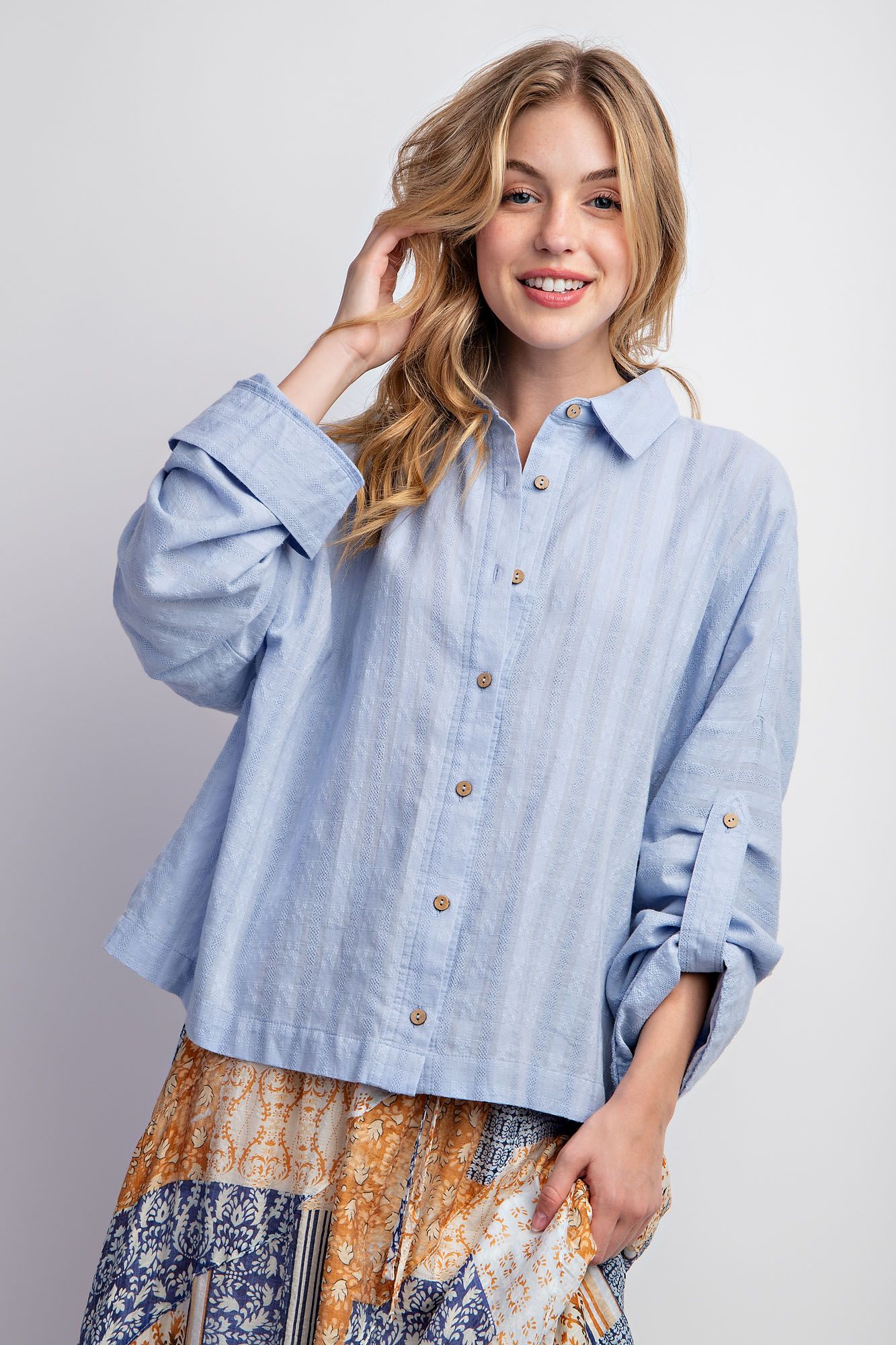 Easel Plus Roll Up Sleeves Textured Voile Button Down Tops