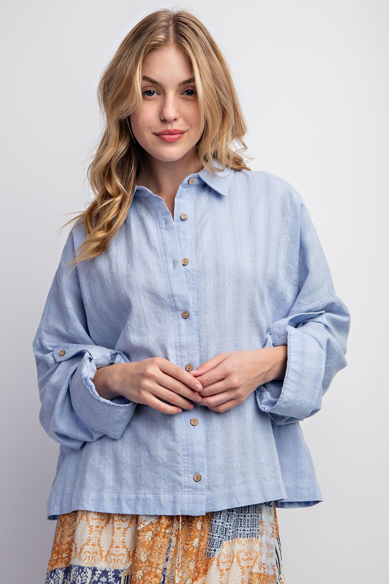 Easel Plus Roll Up Sleeves Textured Voile Button Down Tops
