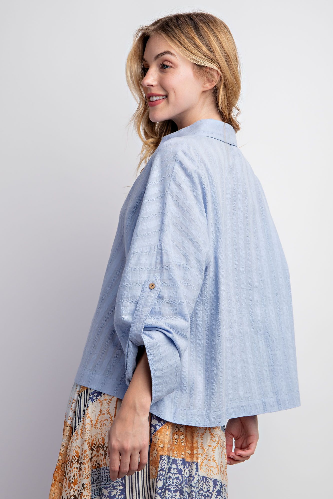 Easel Plus Roll Up Sleeves Textured Voile Button Down Tops