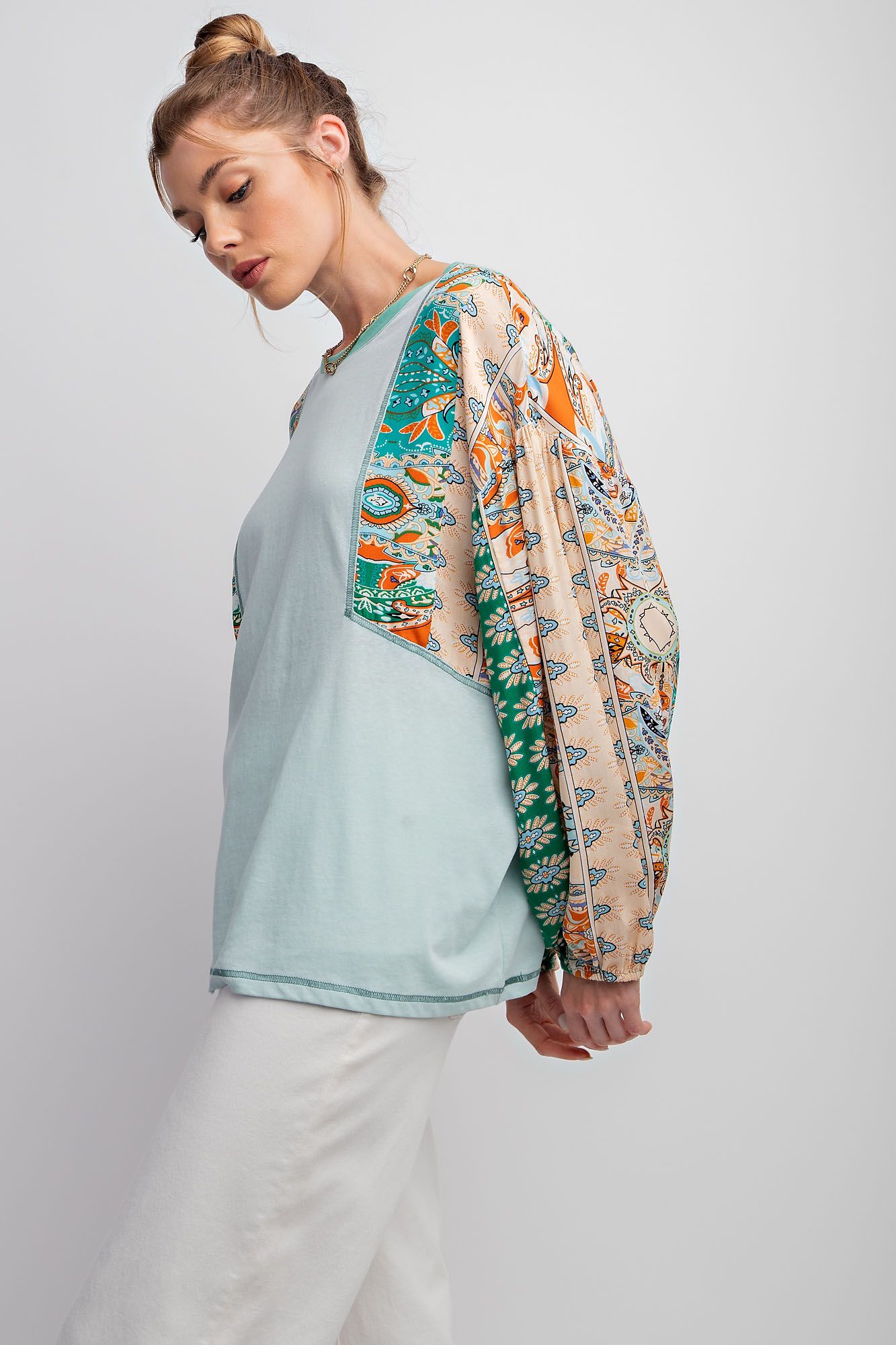 Easel Plus Mix Print Cotton Slub Relaxed Fit Knit Tops