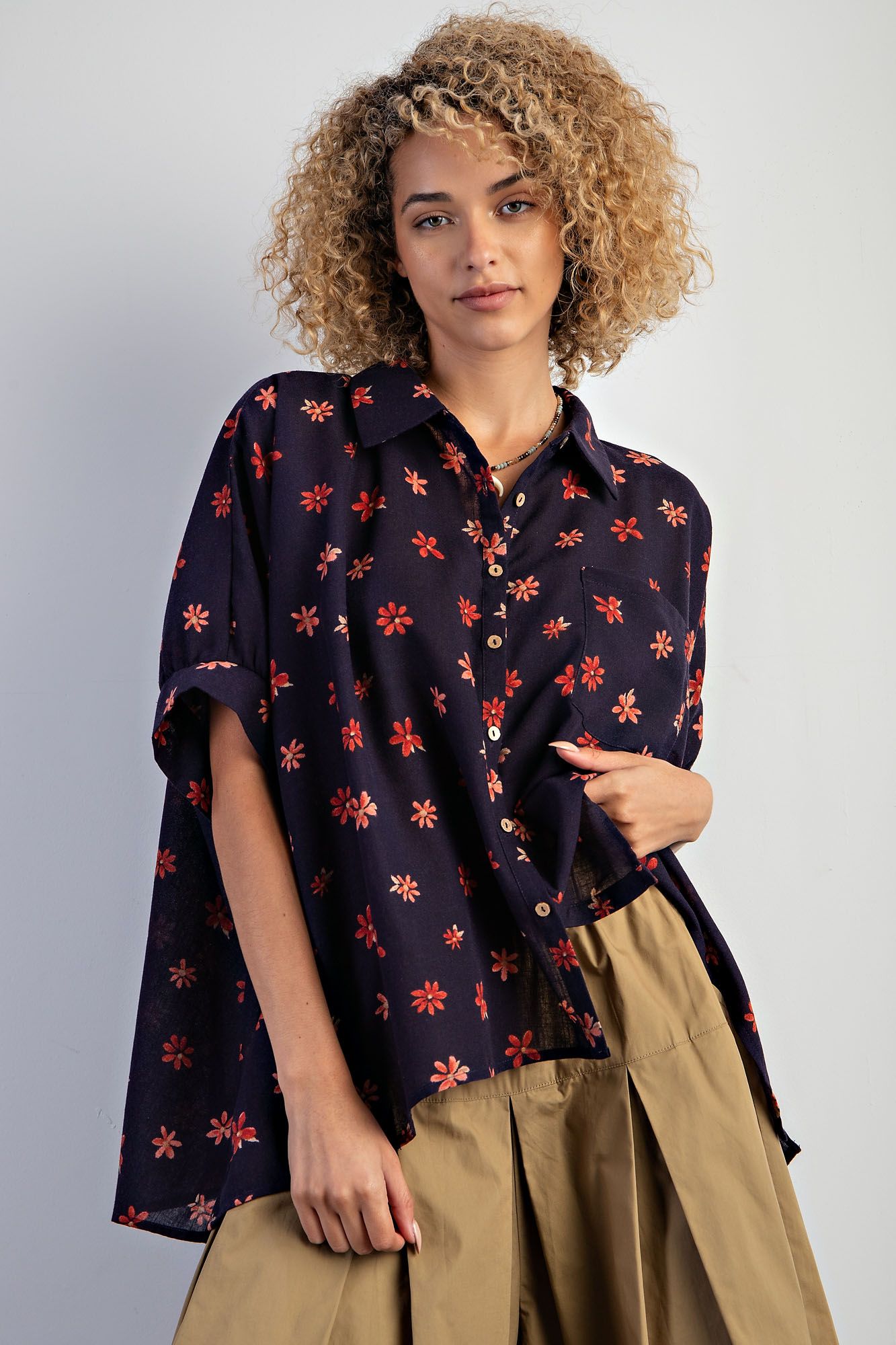 Easel Plus Flower Print Poly Linen Button Down Shirt Tops