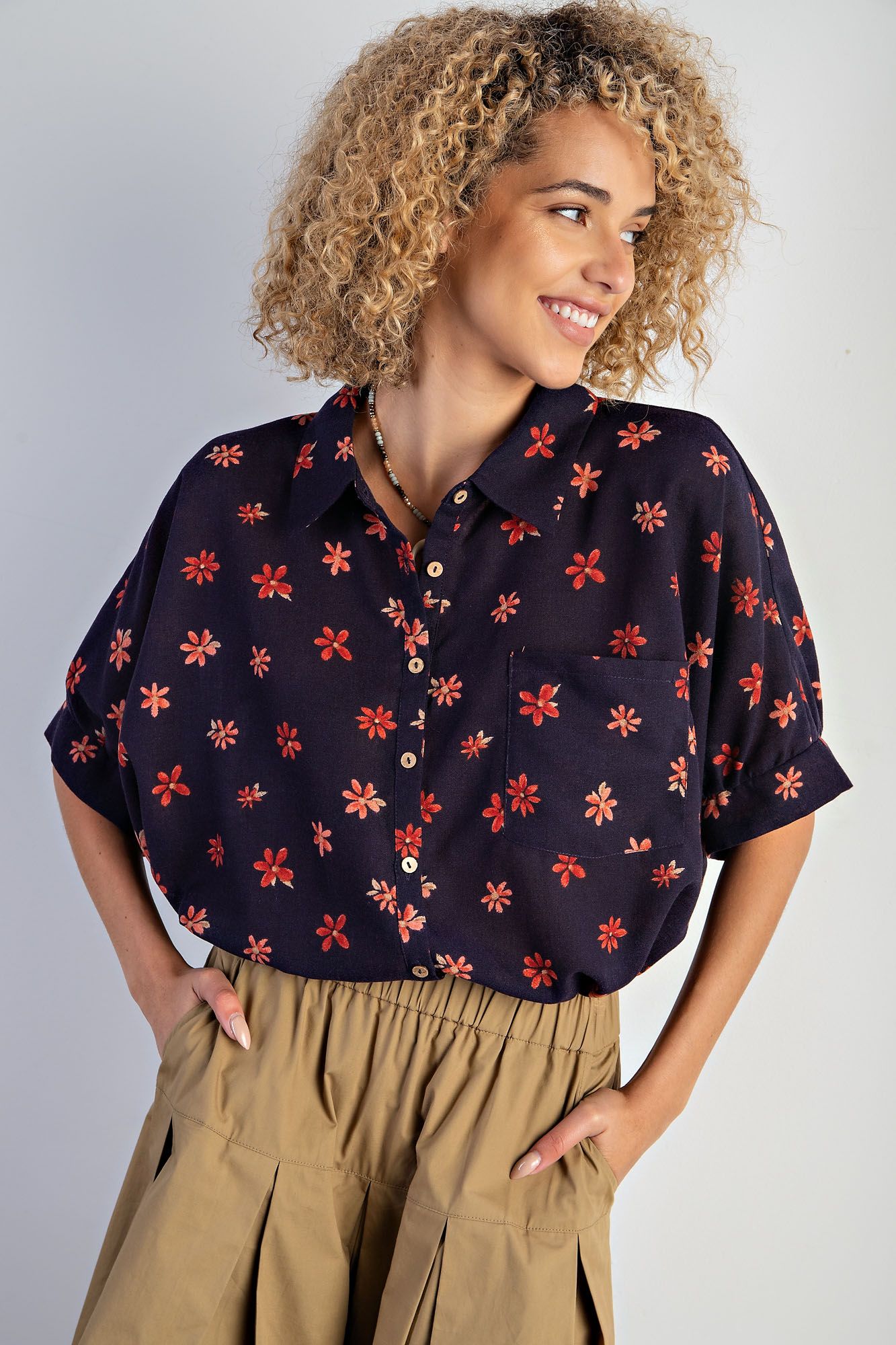 Easel Plus Flower Print Poly Linen Button Down Shirt Tops