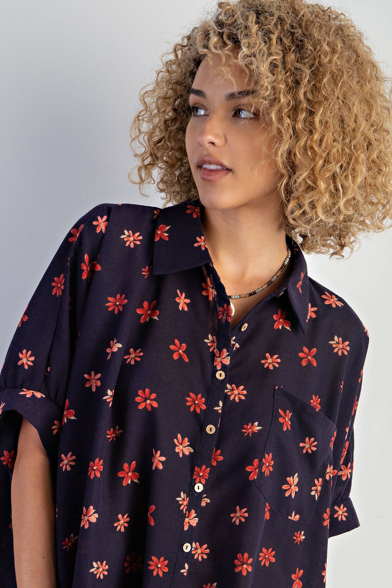 Easel Plus Flower Print Poly Linen Button Down Shirt Tops