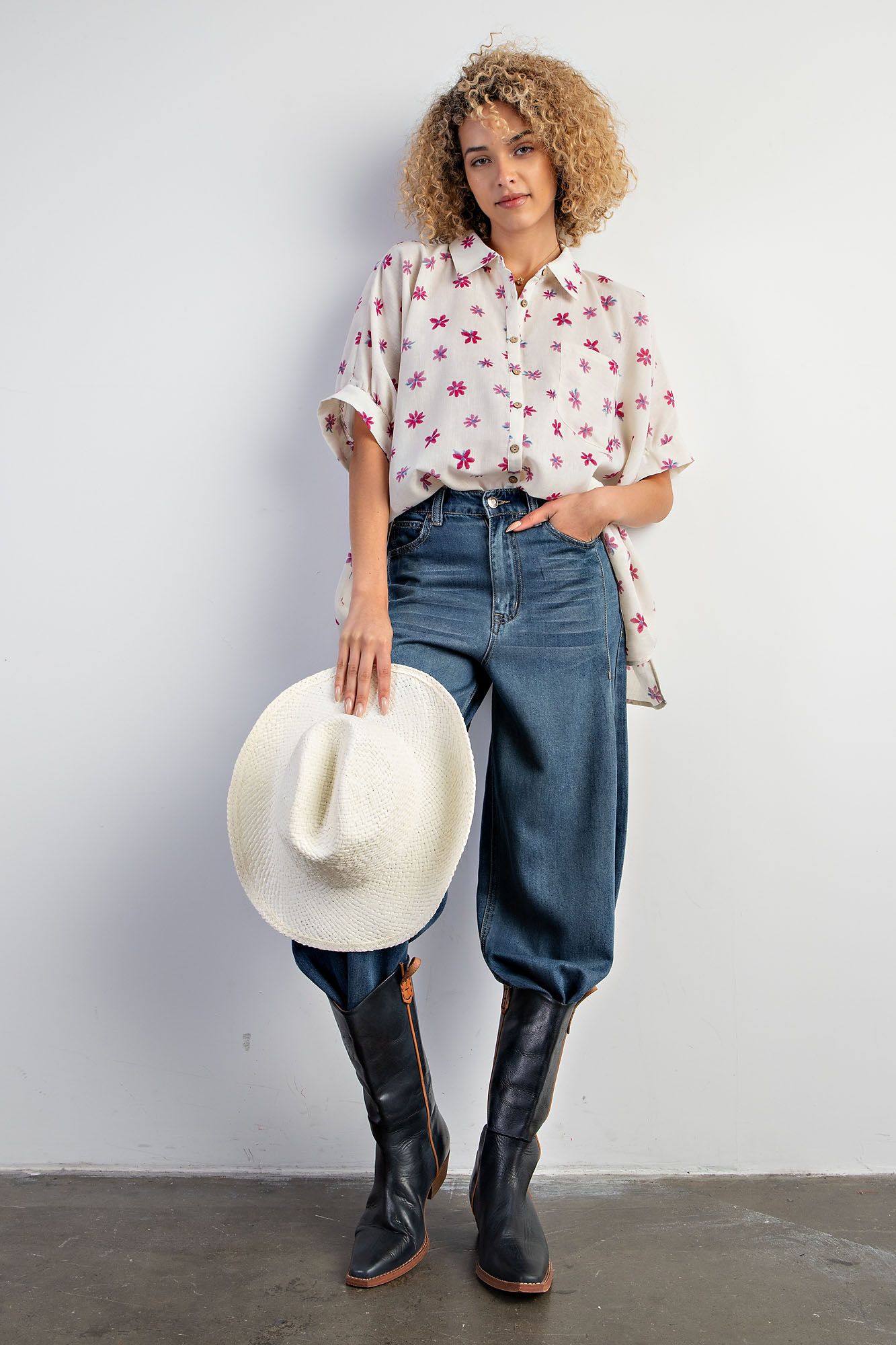 Easel Plus Flower Print Poly Linen Button Down Shirt Tops