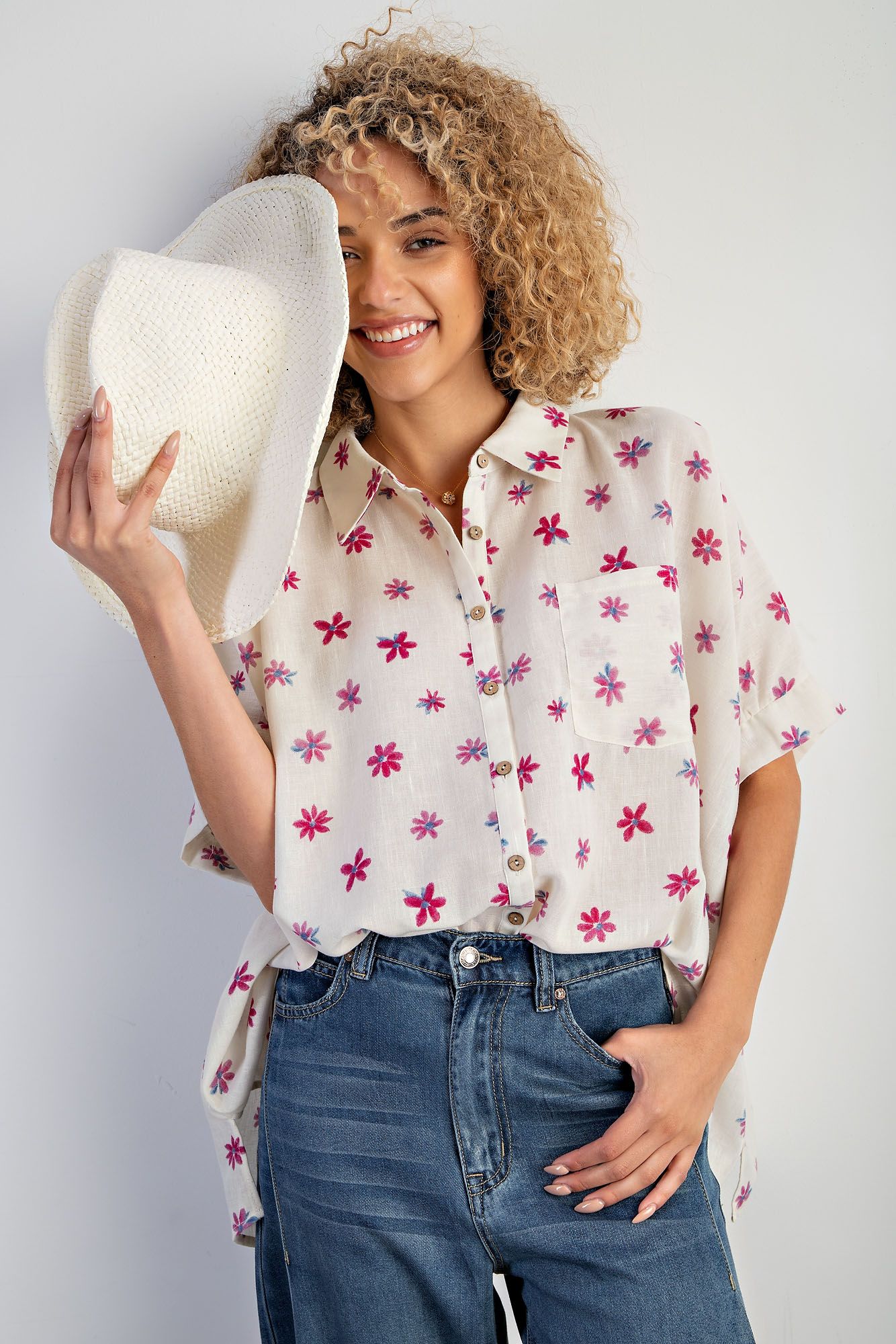 Easel Plus Flower Print Poly Linen Button Down Shirt Tops