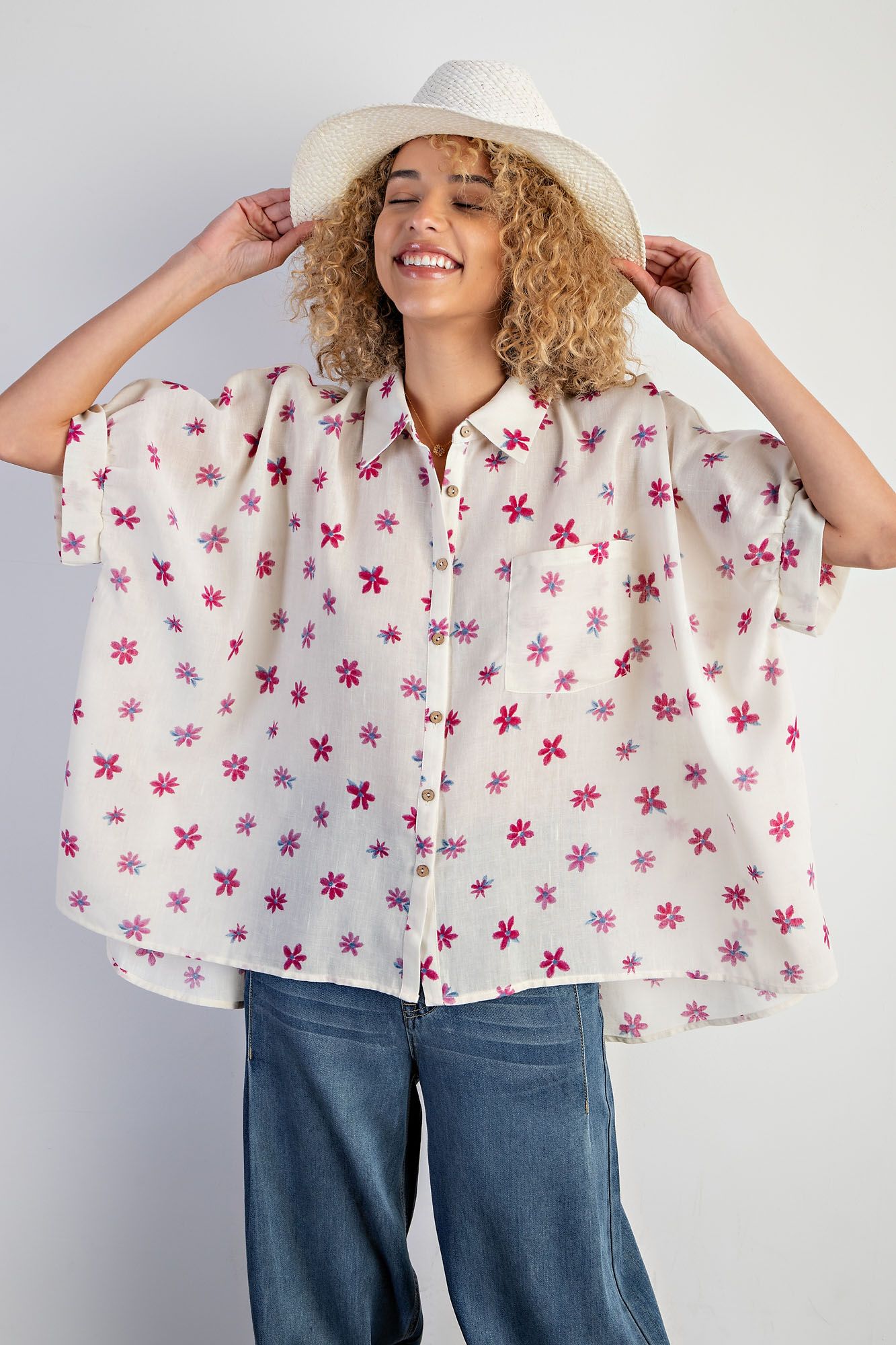 Easel Plus Flower Print Poly Linen Button Down Shirt Tops
