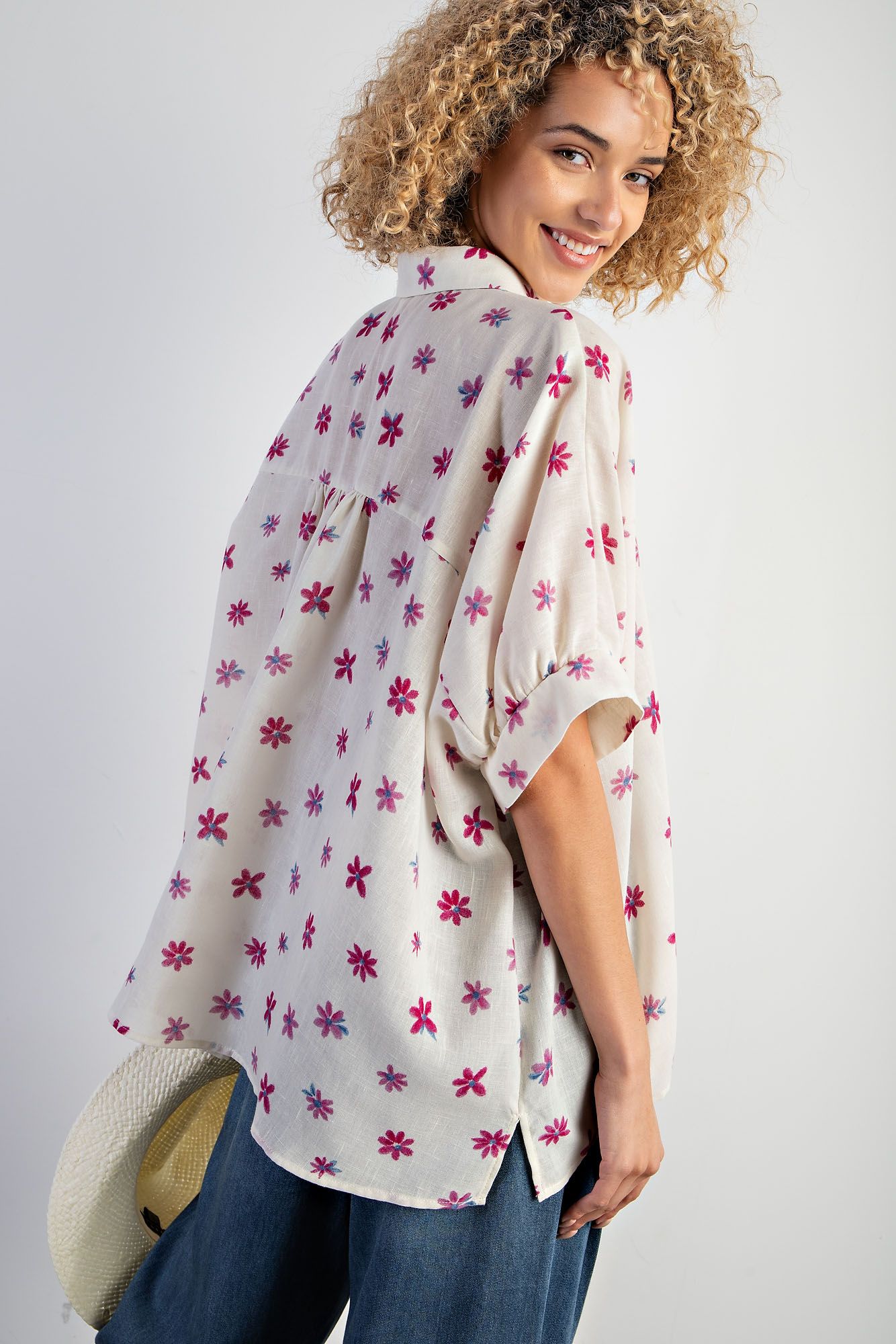 Easel Plus Flower Print Poly Linen Button Down Shirt Tops