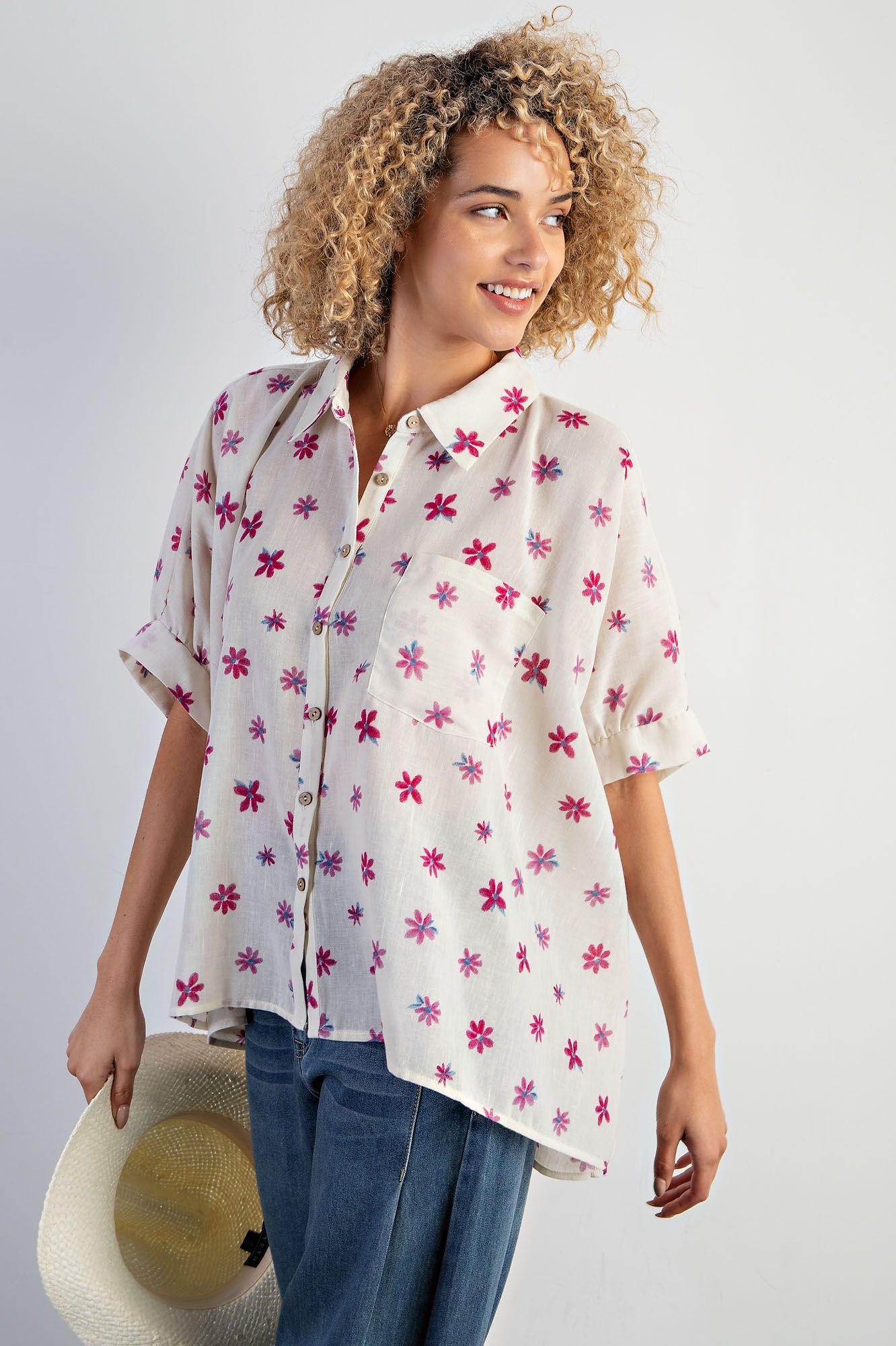 Easel Plus Flower Print Poly Linen Button Down Shirt Tops