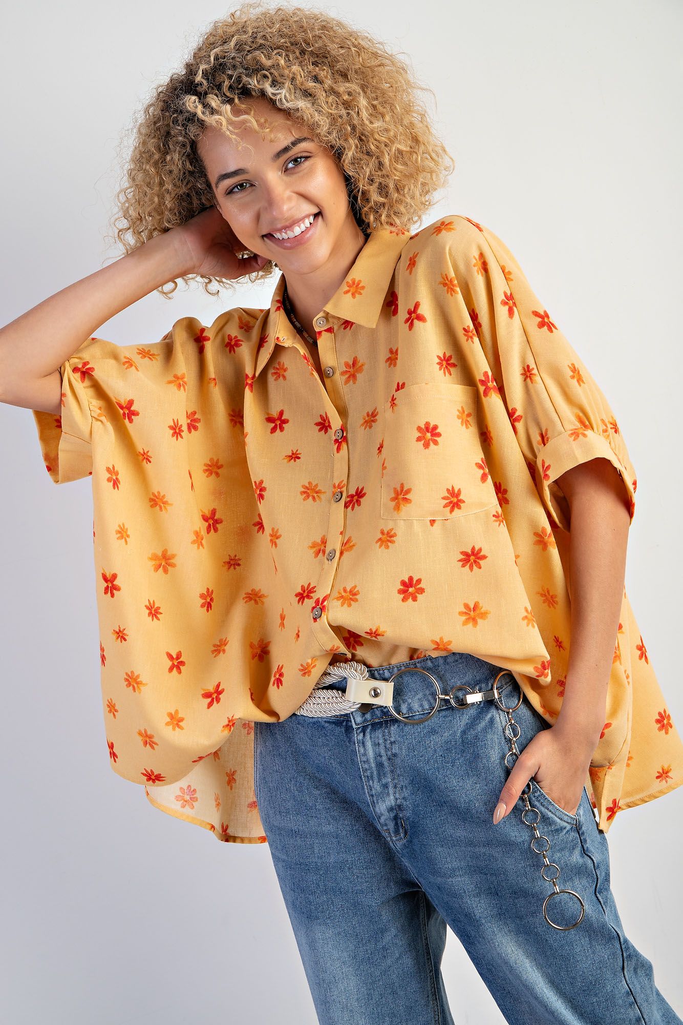 Easel Plus Flower Print Poly Linen Button Down Shirt Tops